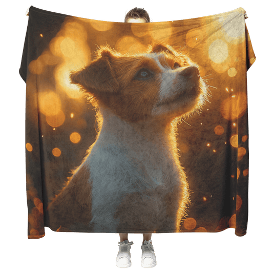 Parson Russell Terrier With Glowing Fur Sitting Under Tree Surrounded by Shimmering Textures and Light Trails Fleece Sherpa Blanket - Awakening Righteousness