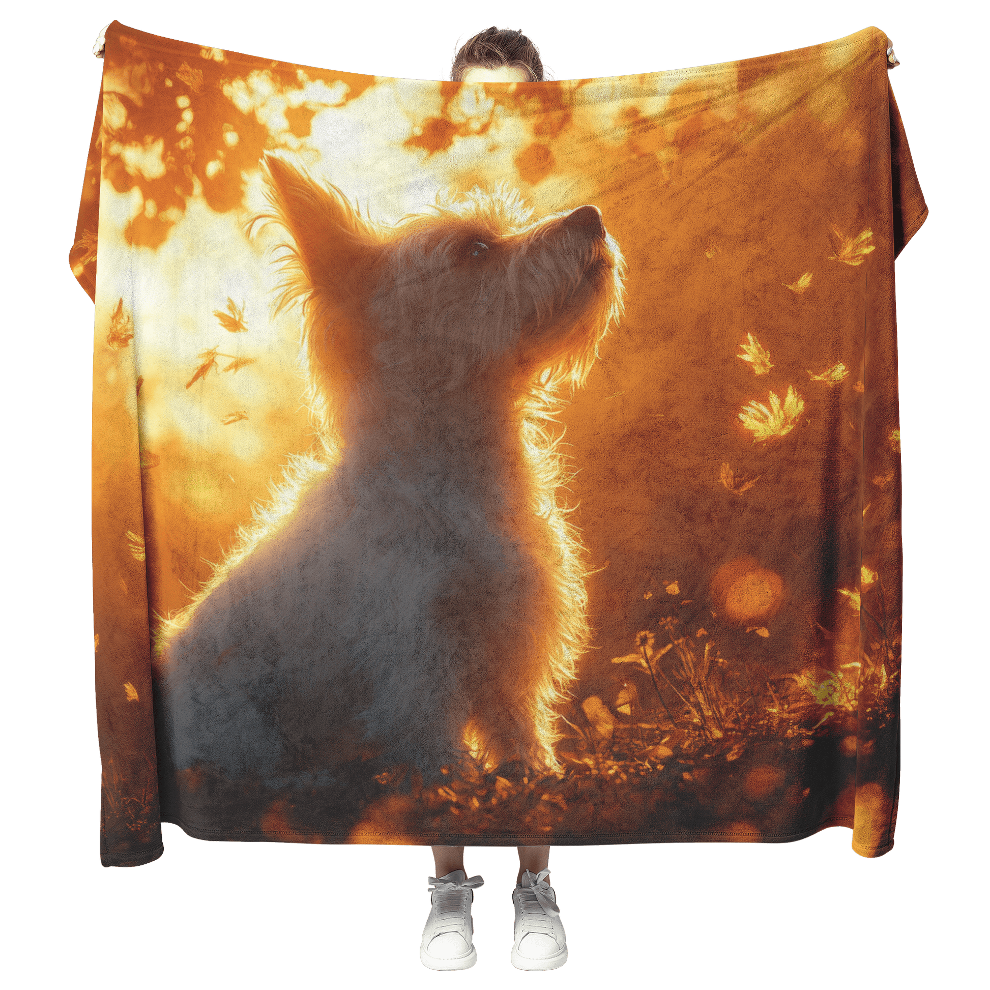 Parson Russell Terrier With Glowing Fur Sitting Under Tree Surrounded by Shimmering Textures and Light Trails Fleece Sherpa Blanket - Awakening Righteousness