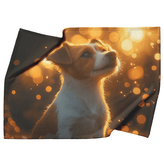 Parson Russell Terrier With Glowing Fur Sitting Under Tree Surrounded by Shimmering Textures and Light Trails Fleece Sherpa Blanket - Awakening Righteousness