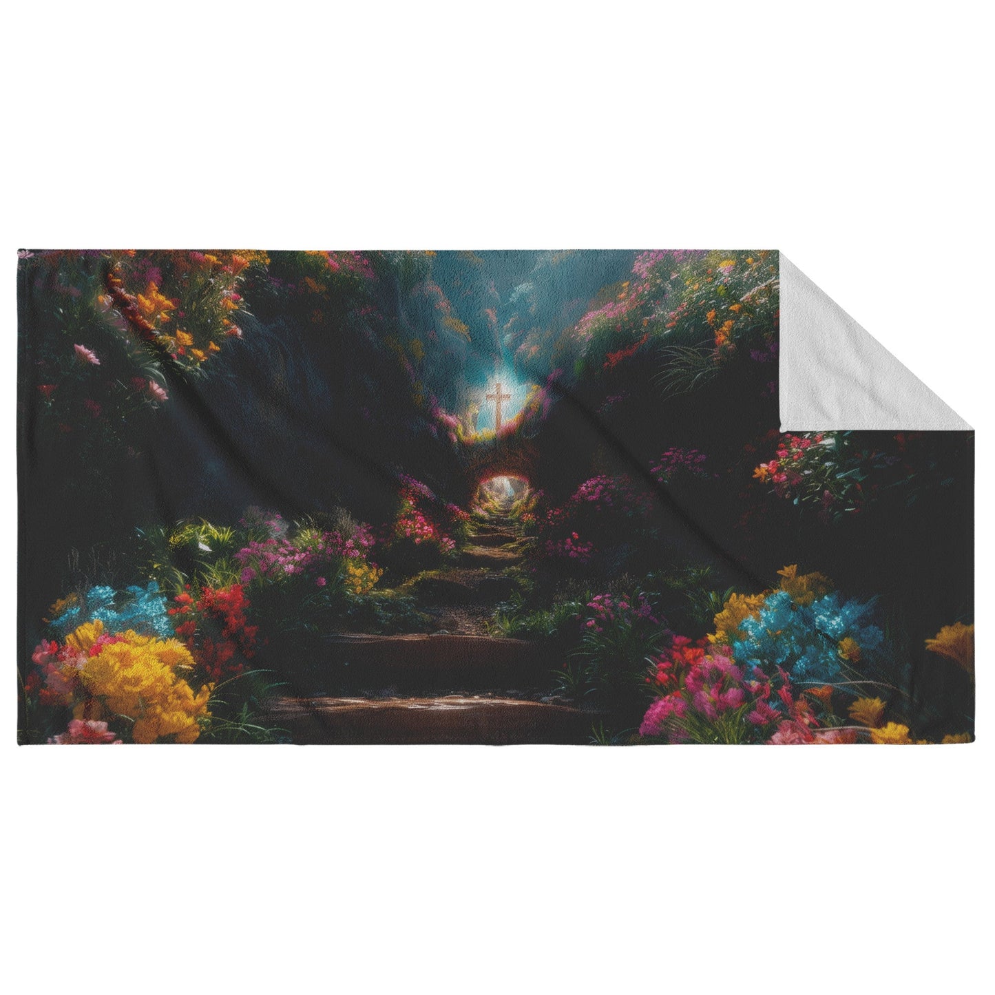 Pathway to Faith Beach Towel A Stunning Floral Journey with Cross and Vibrant Blossoms Ideal for Reflection - Awakening Righteousness