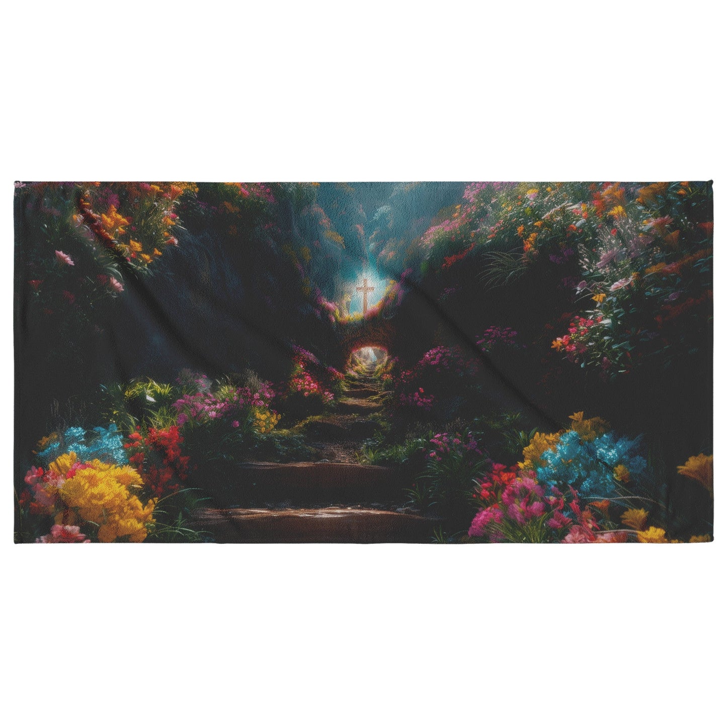 Pathway to Faith Beach Towel A Stunning Floral Journey with Cross and Vibrant Blossoms Ideal for Reflection - Awakening Righteousness