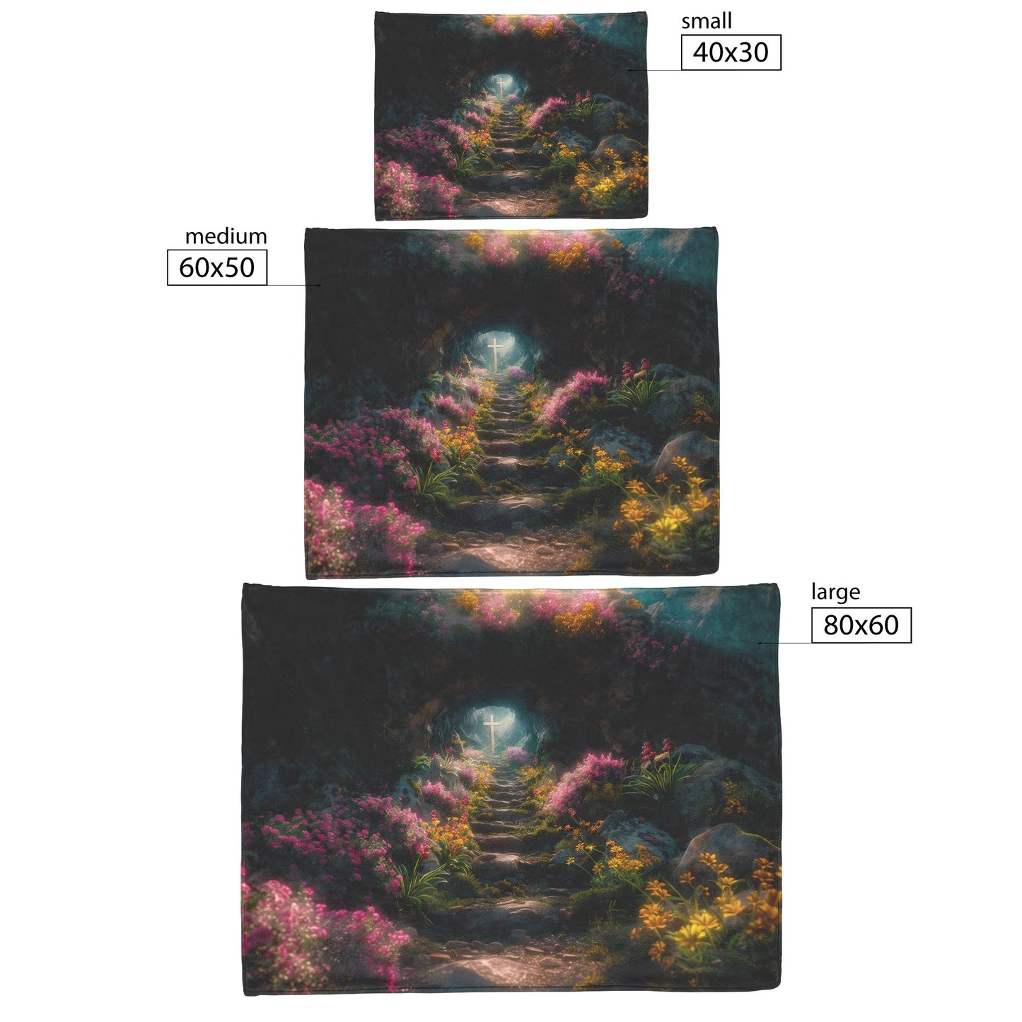 Pathway to the Cross Fleece Sherpa Blanket Featuring Vibrant Flowers and Heavenly Light Symbolizing Faith and Redemption - Awakening Righteousness