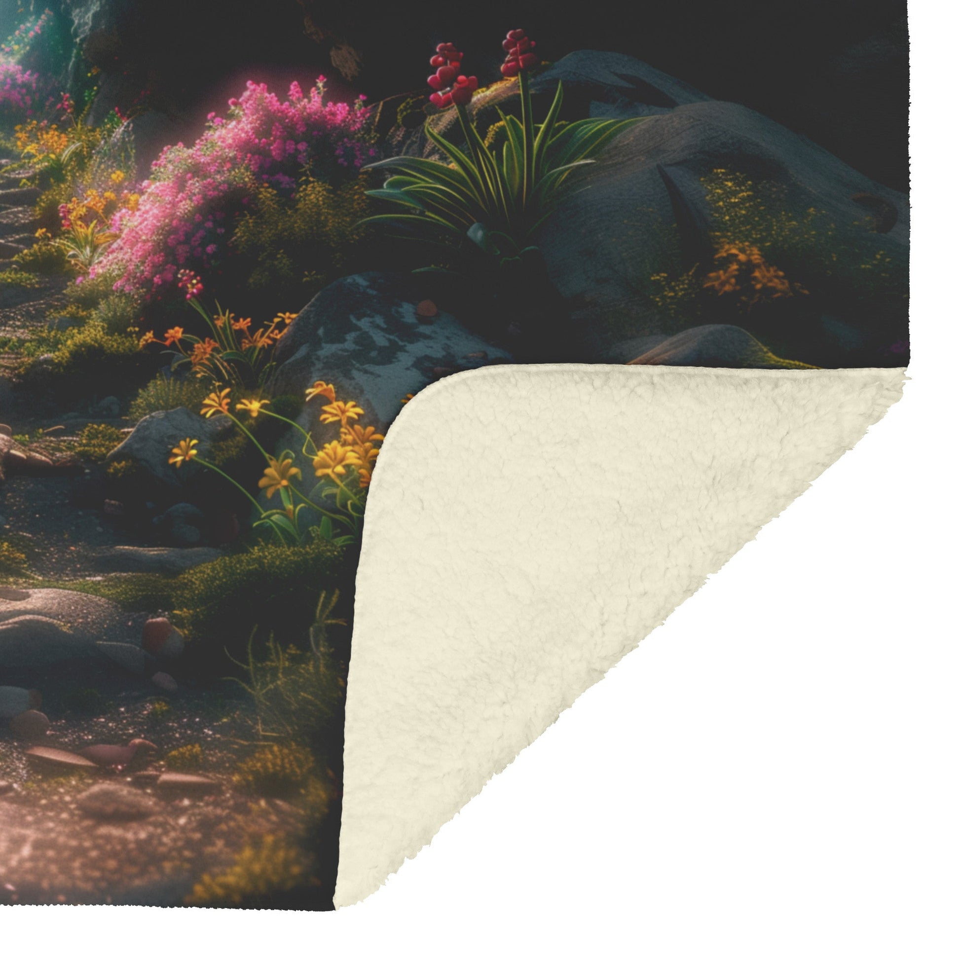Pathway to the Cross Fleece Sherpa Blanket Featuring Vibrant Flowers and Heavenly Light Symbolizing Faith and Redemption - Awakening Righteousness