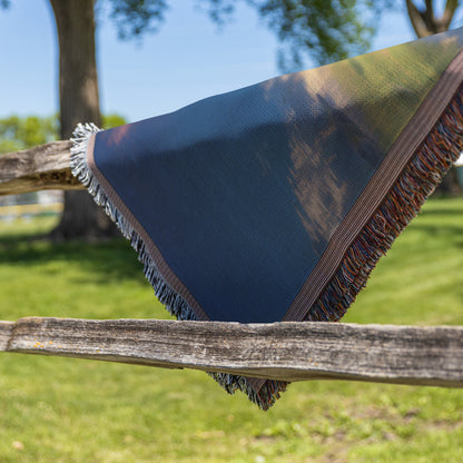 Peaceful Mountain Reflection Woven Throw Blanket Featuring Scenic River and Vibrant Cloudscape for Tranquil Decor - Awakening Righteousness