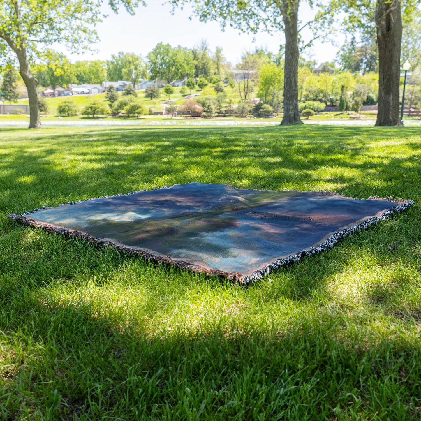 Peaceful Mountain Reflection Woven Throw Blanket Featuring Scenic River and Vibrant Cloudscape for Tranquil Decor - Awakening Righteousness
