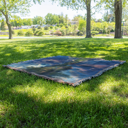 Peaceful Mountain Reflection Woven Throw Blanket Featuring Scenic River and Vibrant Cloudscape for Tranquil Decor - Awakening Righteousness