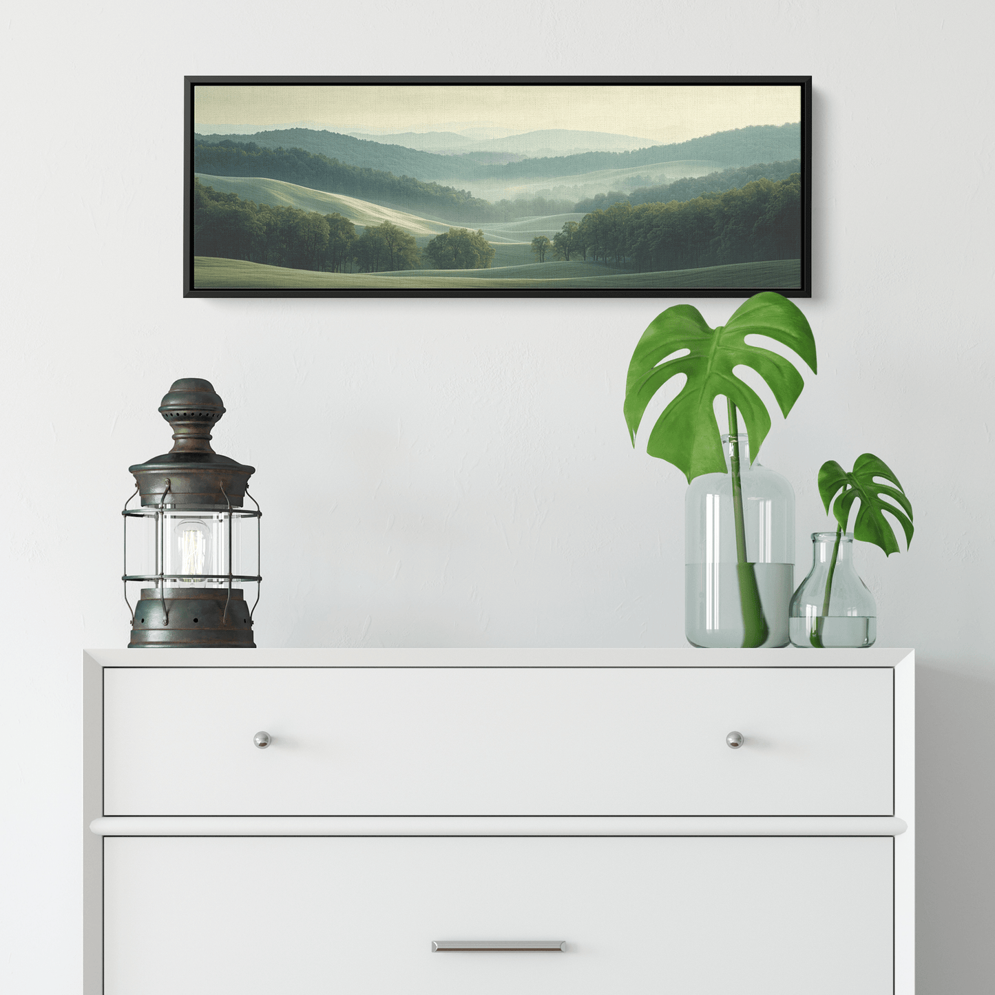 Peaceful Panoramic Artwork Rolling Hills Dense Forests Taupe Muted Green Tones Ultra High Definition Minimal Detailing Panoramic Framed Canvas Wall Art - Awakening Righteousness