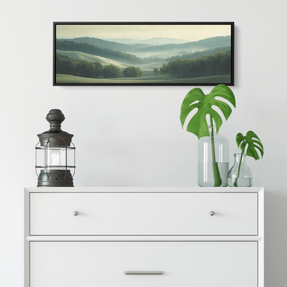Peaceful Panoramic Artwork Rolling Hills Dense Forests Taupe Muted Green Tones Ultra High Definition Minimal Detailing Panoramic Framed Canvas Wall Art - Awakening Righteousness