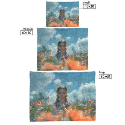 Peaceful Prayer Sherpa Blanket Young Girl in Blooming Field Inspirational Christian Cozy Home Decor - Awakening Righteousness