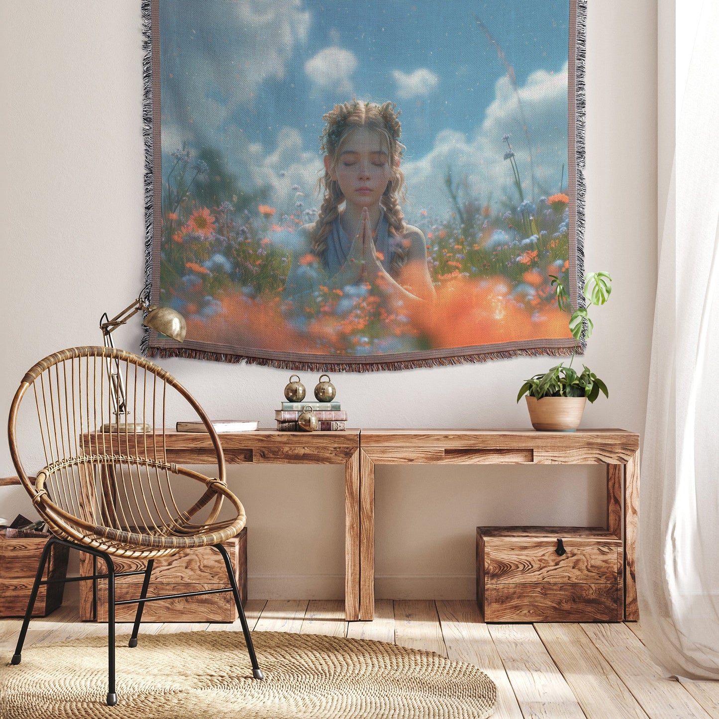 Peaceful Prayer Woven Throw Blanket Young Girl in Meadow with Flowers and Blue Sky Christian Home Decor - Awakening Righteousness