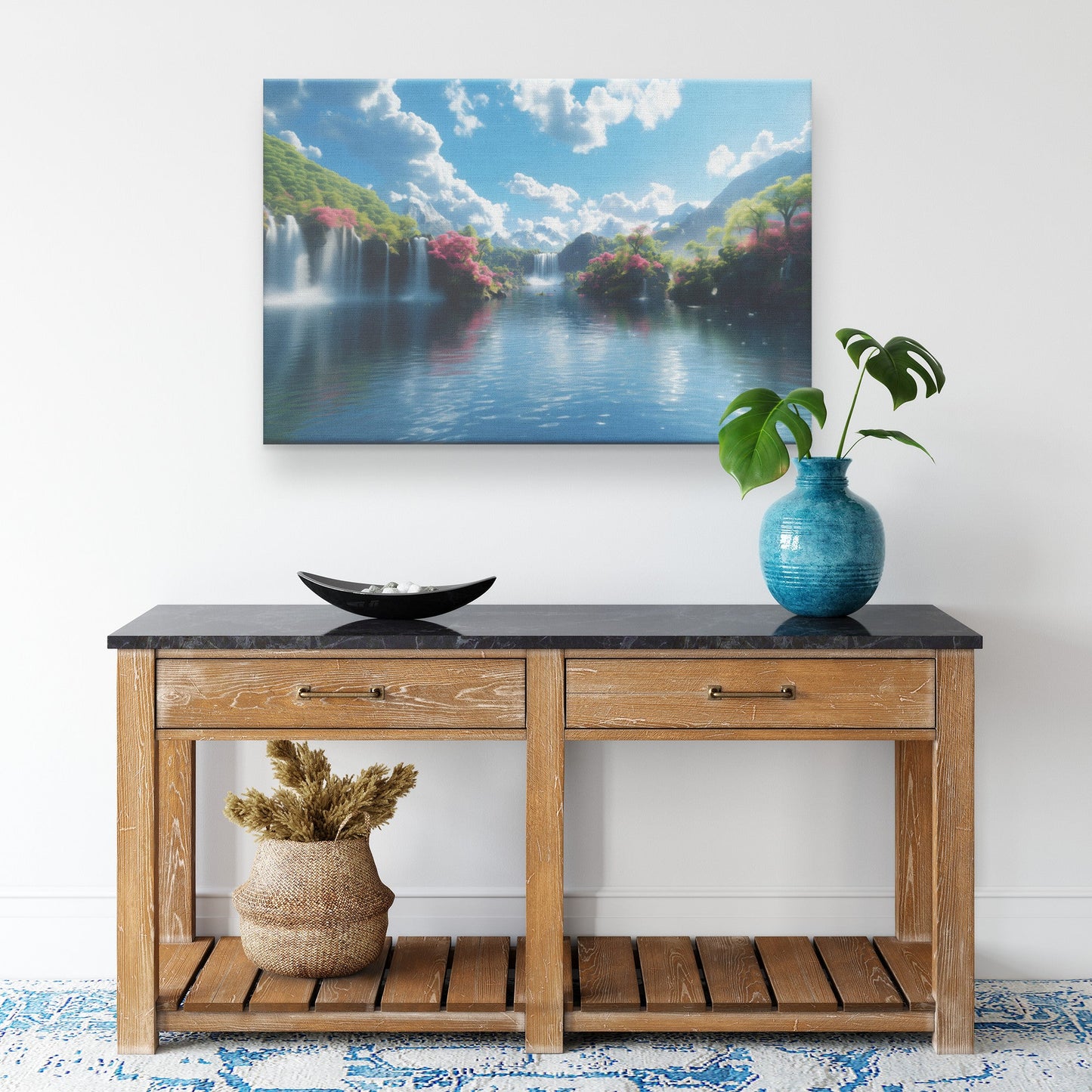 Peaceful Waterfall Paradise with Vibrant Blossoms and Mountains Canvas Wall Art Decor - Awakening Righteousness