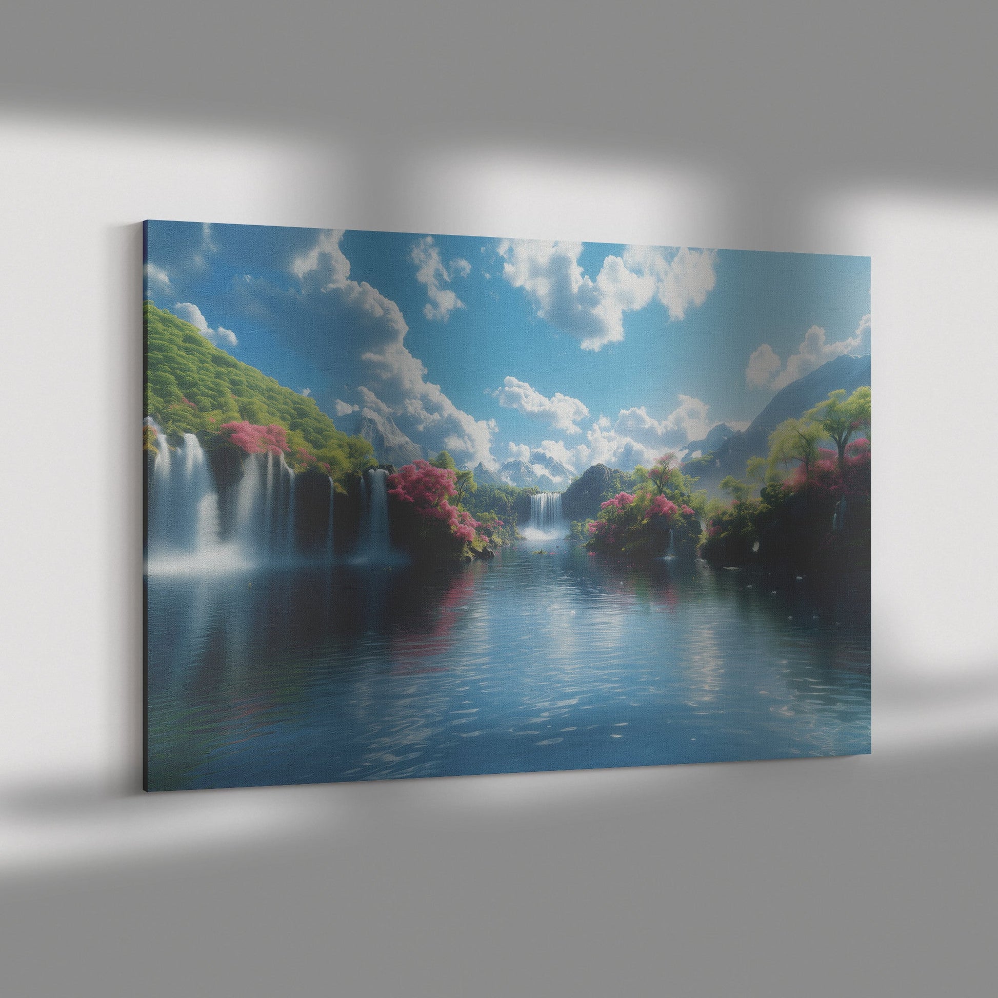 Peaceful Waterfall Paradise with Vibrant Blossoms and Mountains Canvas Wall Art Decor - Awakening Righteousness