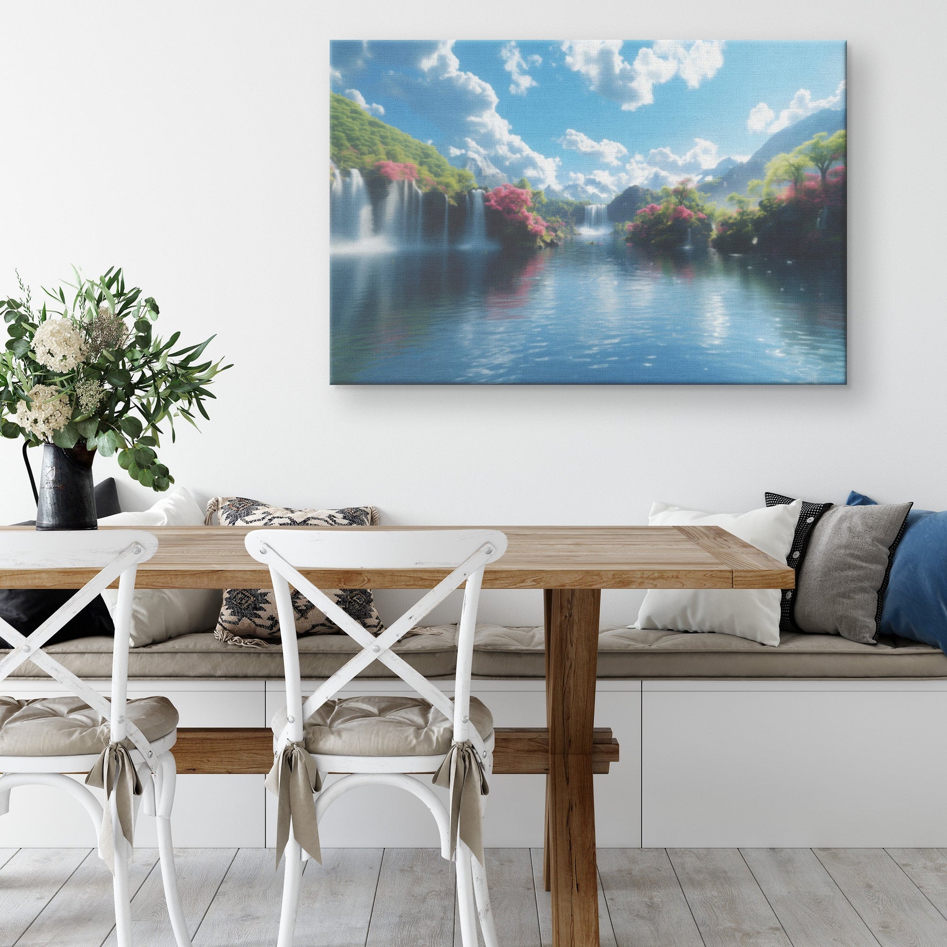 Peaceful Waterfall Paradise with Vibrant Blossoms and Mountains Canvas Wall Art Decor - Awakening Righteousness