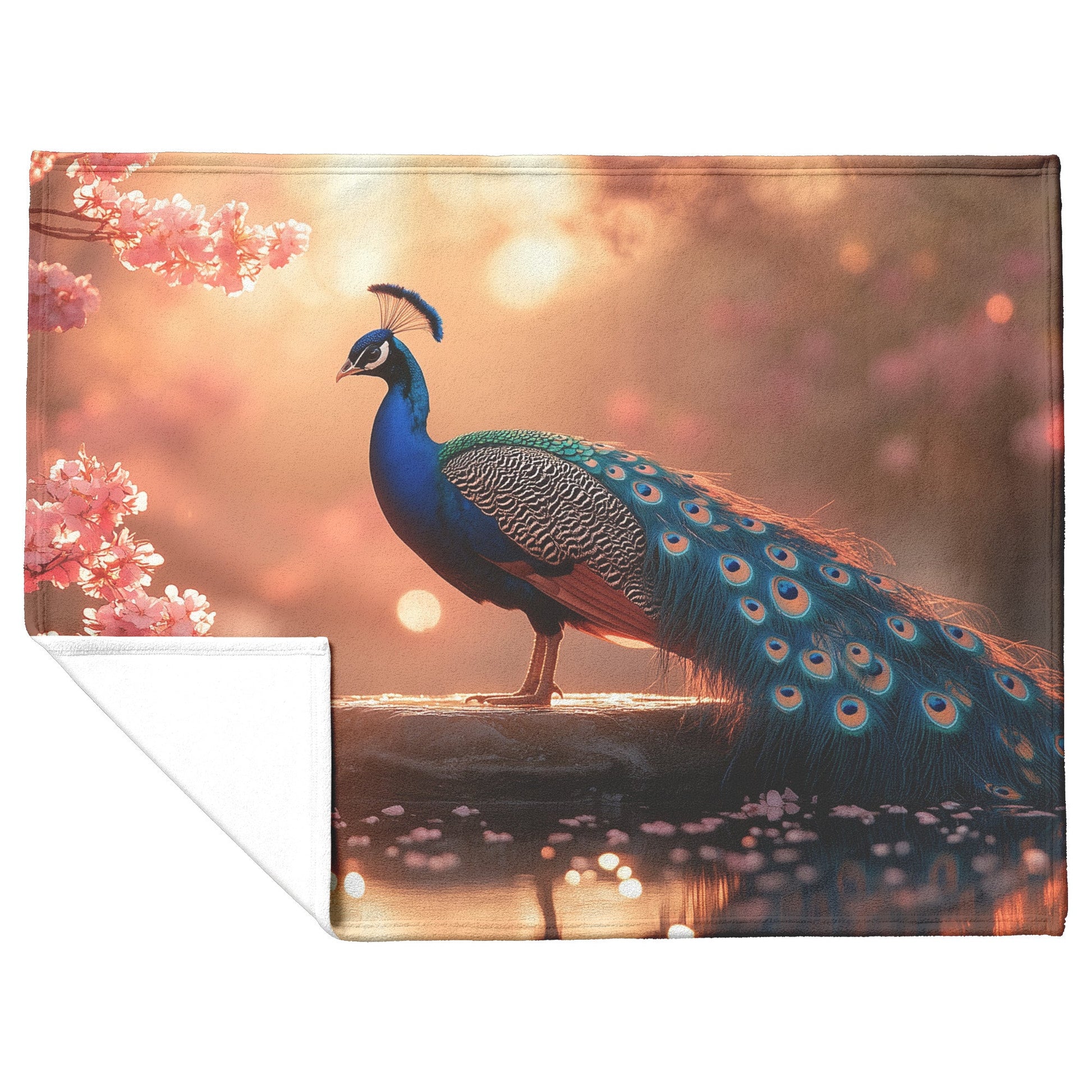 Peacock on Glowing Stone Fountain Surrounded by Pink Cherry Blossoms and Shimmering Water in Golden Light Blanket - Awakening Righteousness
