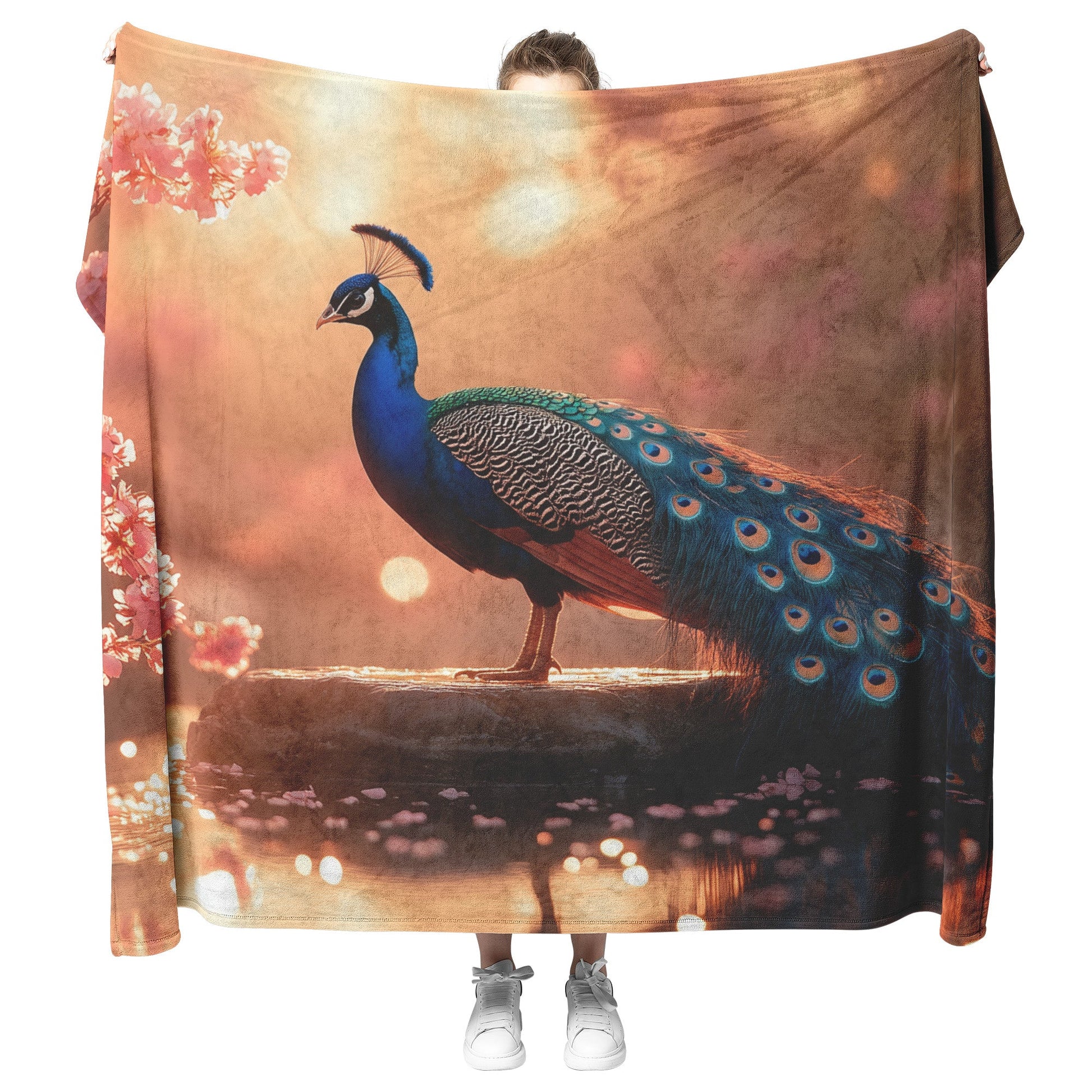 Peacock on Glowing Stone Fountain Surrounded by Pink Cherry Blossoms and Shimmering Water in Golden Light Blanket - Awakening Righteousness