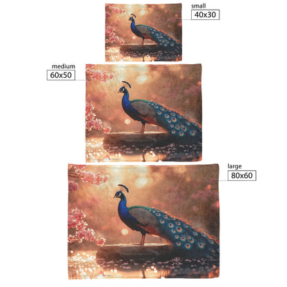 Peacock on Glowing Stone Fountain Surrounded by Pink Cherry Blossoms and Shimmering Water in Golden Light Blanket - Awakening Righteousness