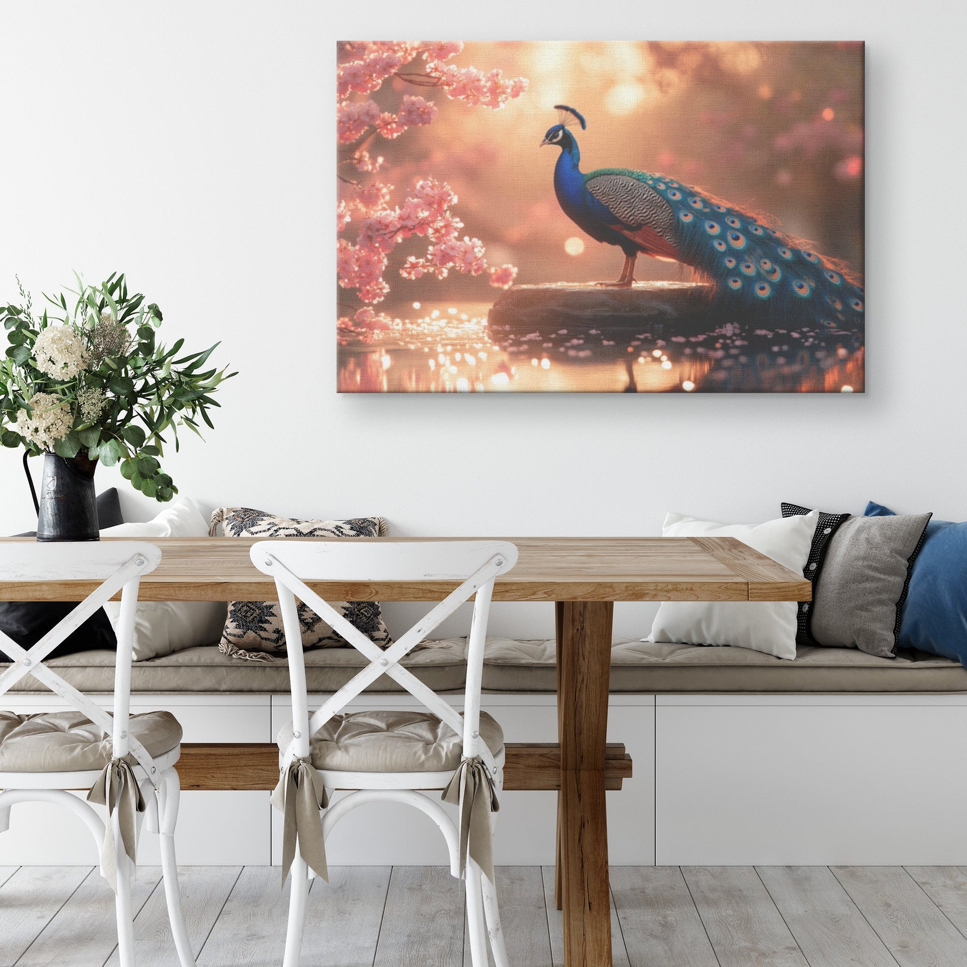 Peacock Perched on Glowing Stone Fountain Surrounded by Vibrant Pink Cherry Blossoms and Shimmering Water Canvas Wall Art - Awakening Righteousness