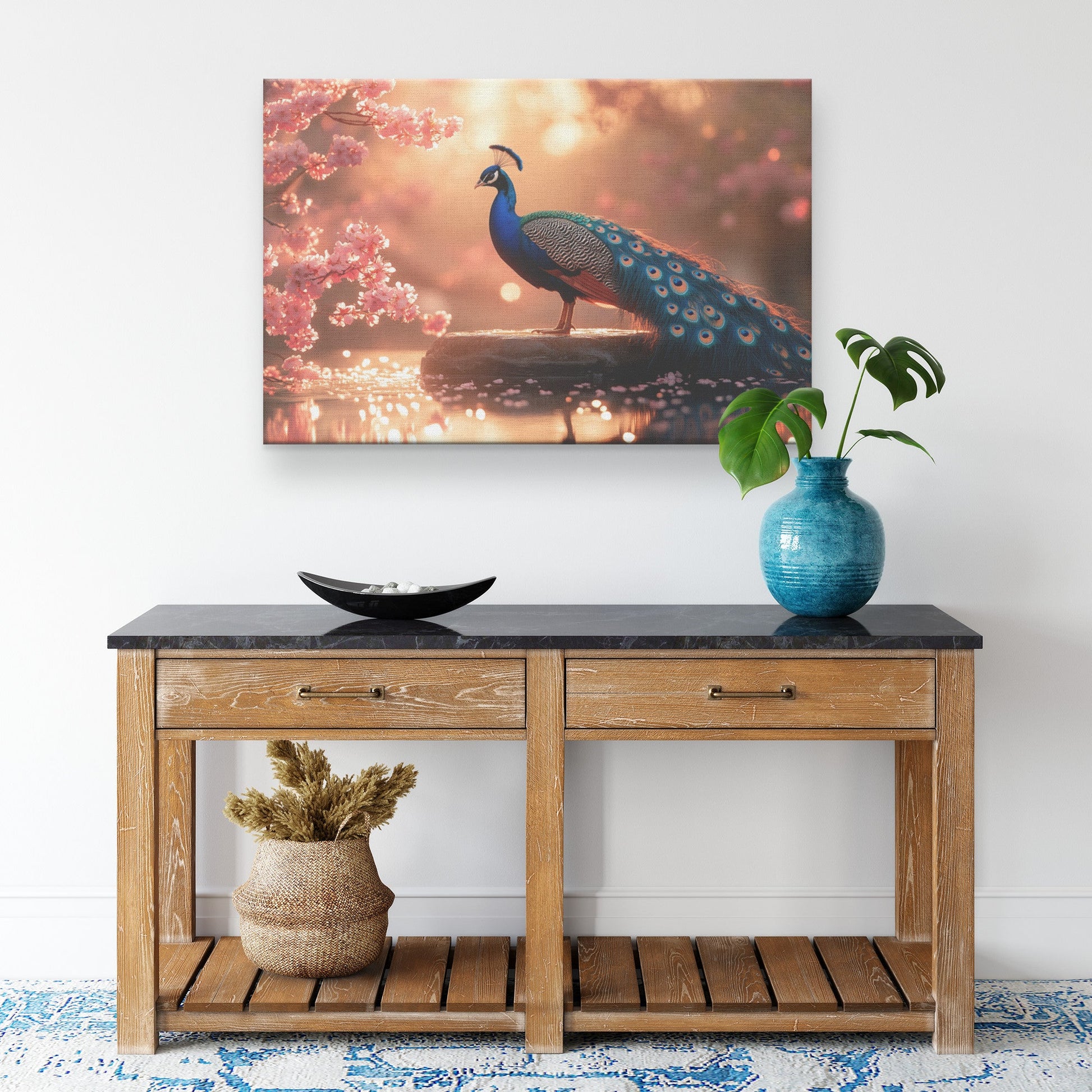 Peacock Perched on Glowing Stone Fountain Surrounded by Vibrant Pink Cherry Blossoms and Shimmering Water Canvas Wall Art - Awakening Righteousness