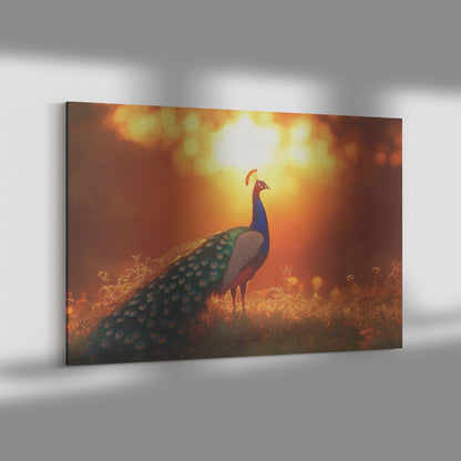 Peacock Silhouetted Against Golden Sunset on Hilltop with Soft Light Reflecting Vibrant Feathers Canvas Wall Art - Awakening Righteousness