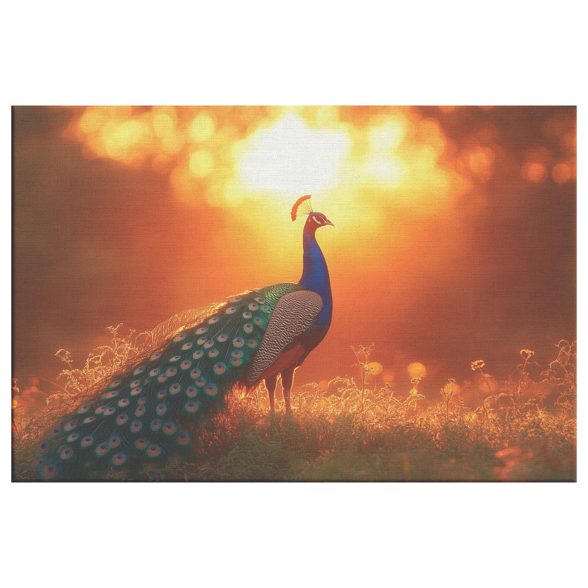 Peacock Silhouetted Against Golden Sunset on Hilltop with Soft Light Reflecting Vibrant Feathers Canvas Wall Art - Awakening Righteousness