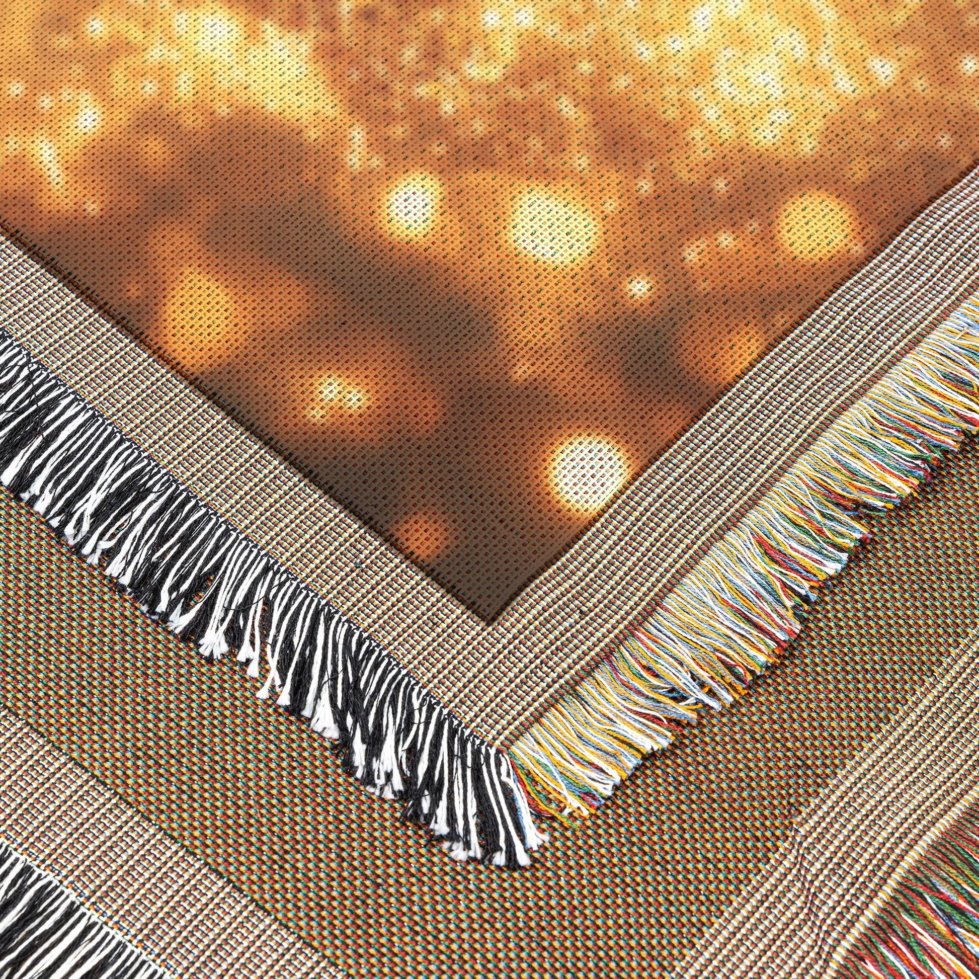 Peacock Spreading Radiant Tail Feathers in Glowing Forest with Fireflies and Golden Mist Woven Throw Blanket - Awakening Righteousness