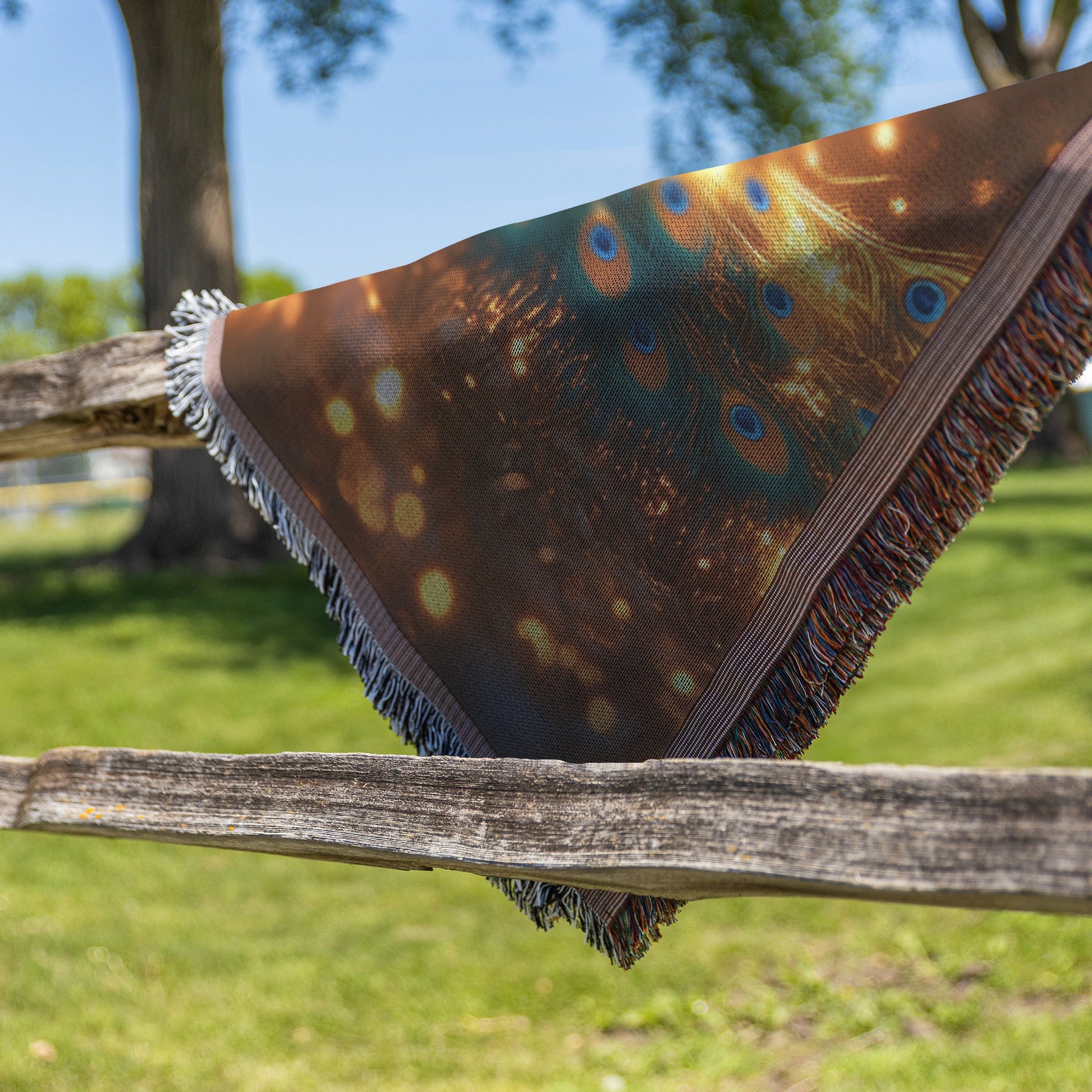 Peacock Spreading Radiant Tail Feathers in Glowing Forest with Fireflies and Golden Mist Woven Throw Blanket - Awakening Righteousness
