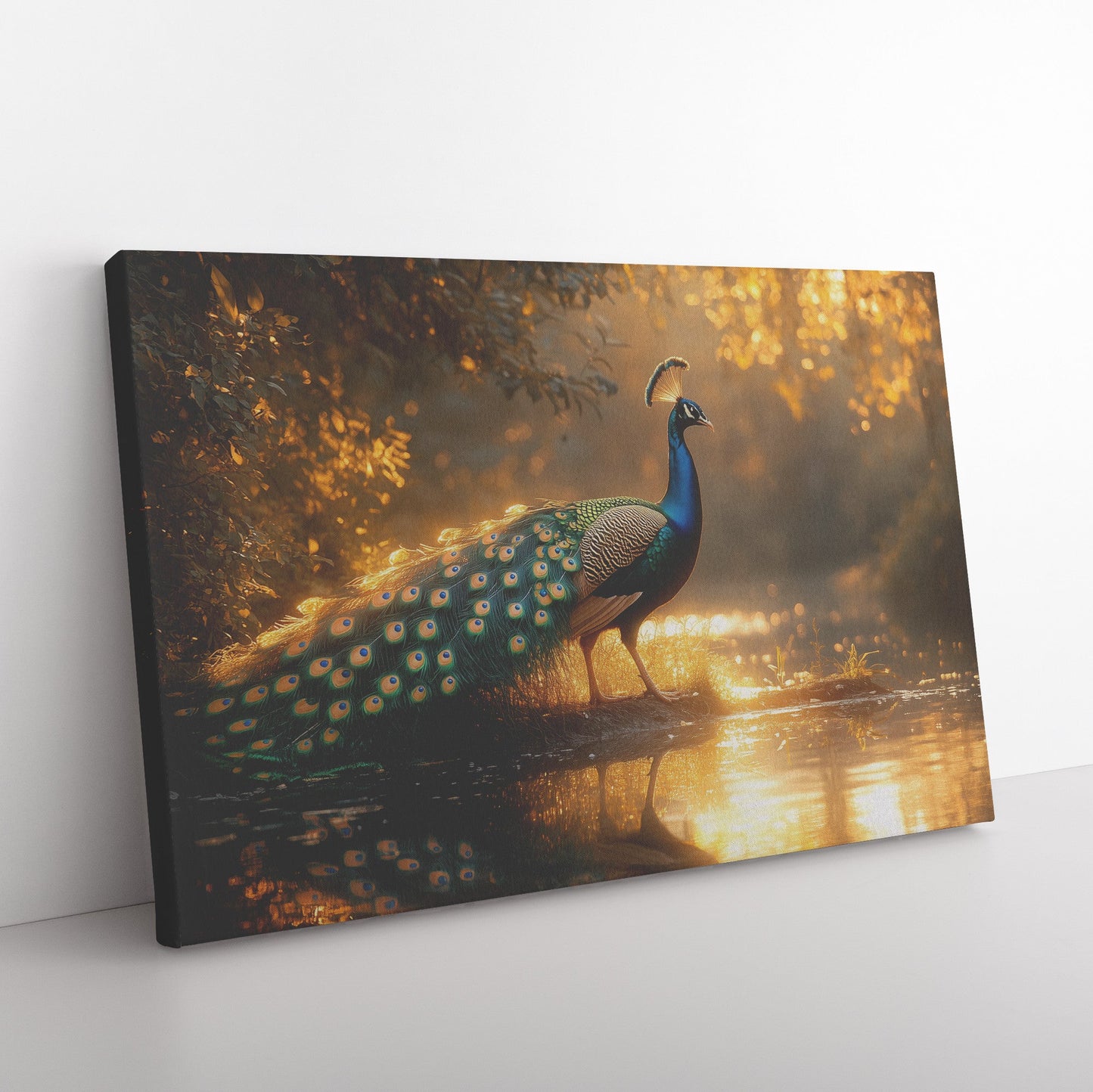 Peacock with Glowing Iridescent Feathers by Crystal Clear Pond Reflecting Under Twilight Sky Canvas Wall Art - Awakening Righteousness