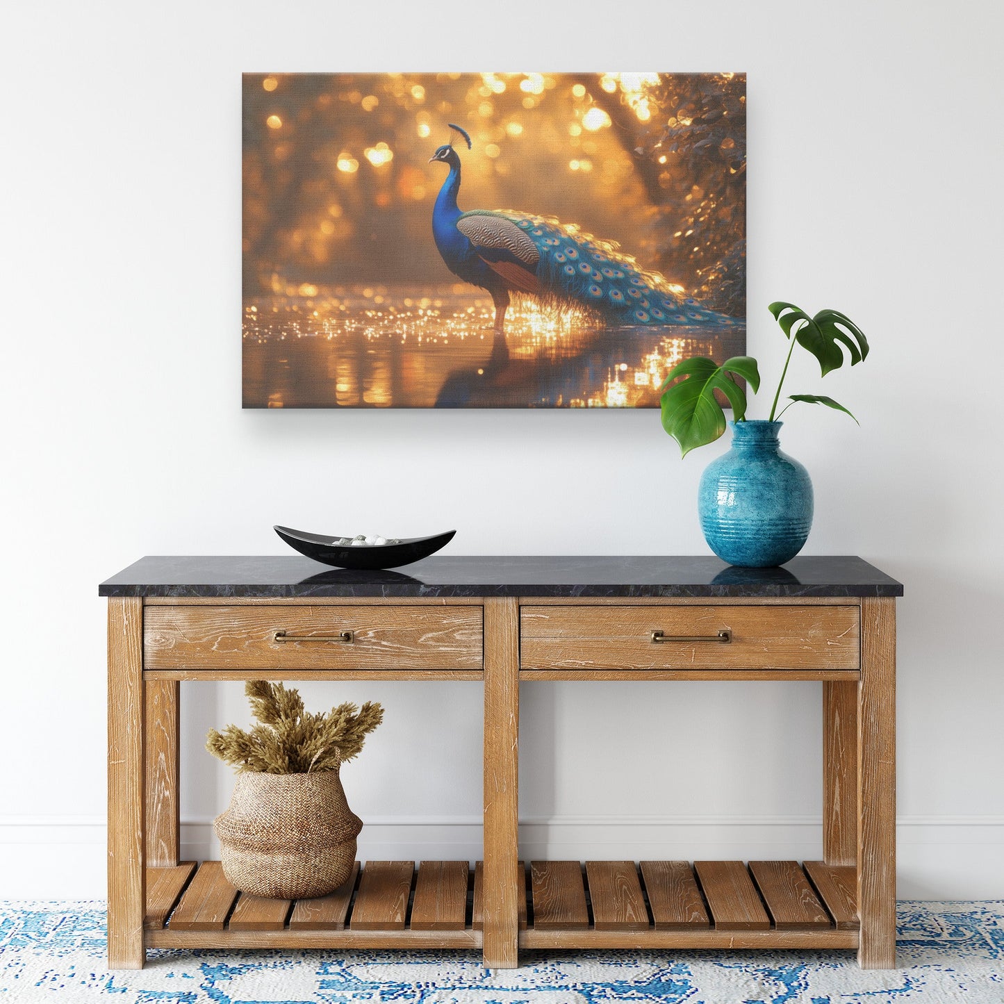Peacock with Glowing Iridescent Feathers by Crystal Clear Pond Reflecting Under Twilight Sky Canvas Wall Art - Awakening Righteousness