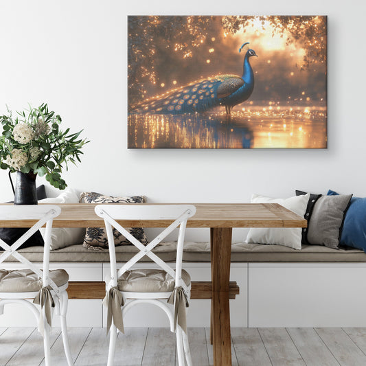Peacock with Glowing Iridescent Feathers by Crystal Clear Pond Reflecting Under Twilight Sky Canvas Wall Art - Awakening Righteousness