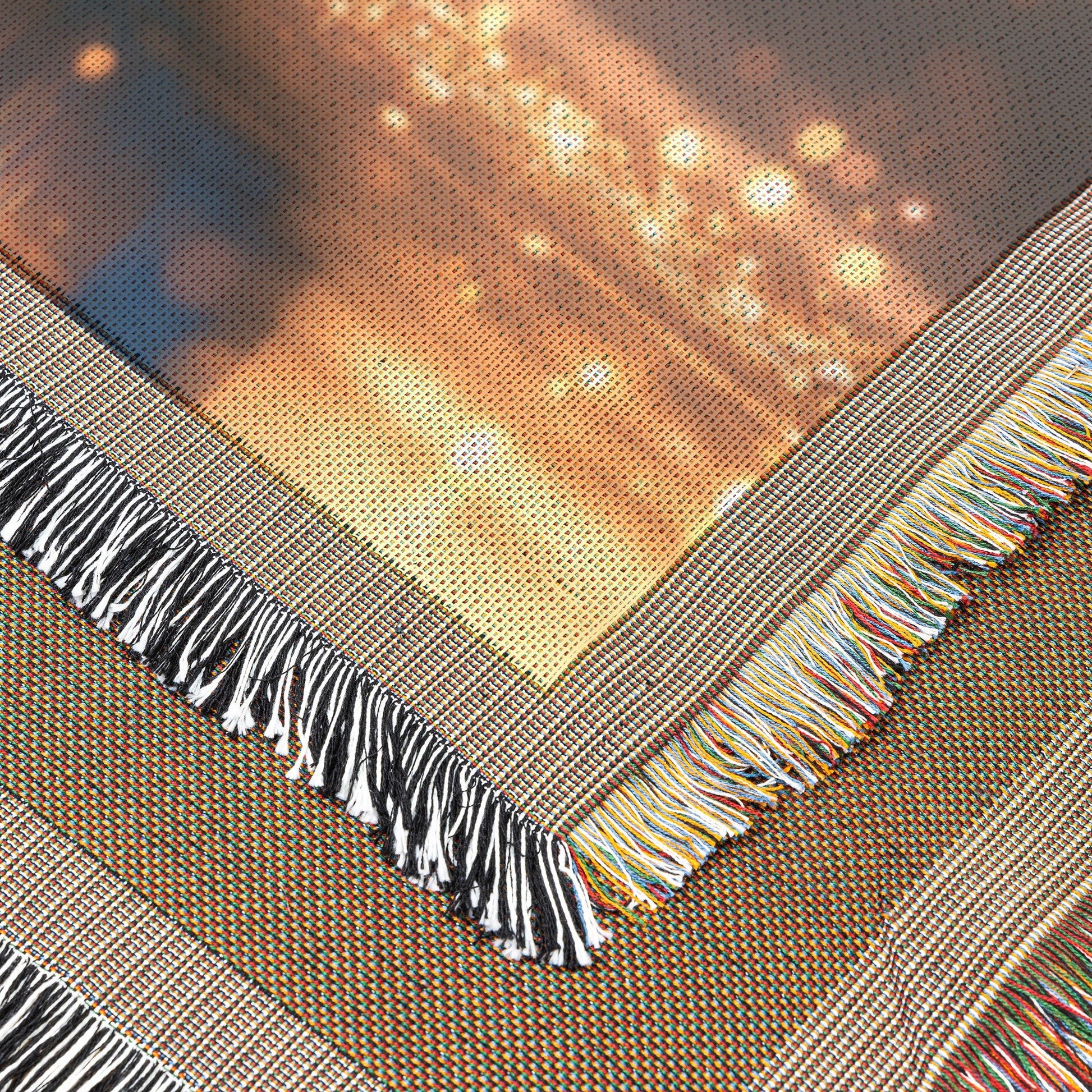 Peacock with Glowing Iridescent Feathers by Crystal Clear Pond Reflection Shimmering Under Twilight Sky Woven Throw Blanket - Awakening Righteousness