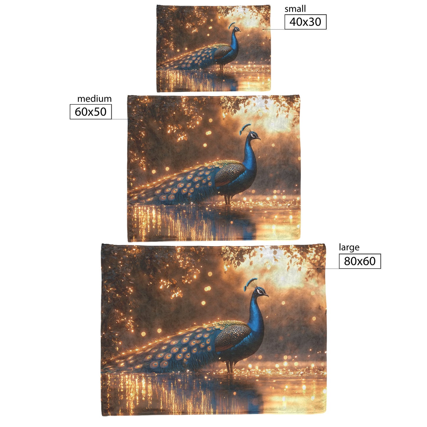 Peacock with Glowing Iridescent Feathers by Crystal Pond Reflecting Under Twilight Sky Fleece Sherpa Blanket - Awakening Righteousness