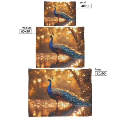 Peacock with Glowing Iridescent Feathers by Crystal Pond Reflecting Under Twilight Sky Fleece Sherpa Blanket - Awakening Righteousness