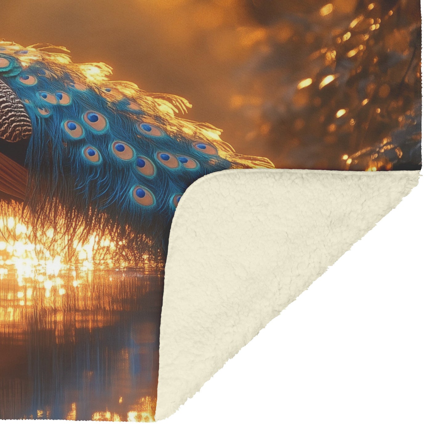 Peacock with Glowing Iridescent Feathers by Crystal Pond Reflecting Under Twilight Sky Fleece Sherpa Blanket - Awakening Righteousness