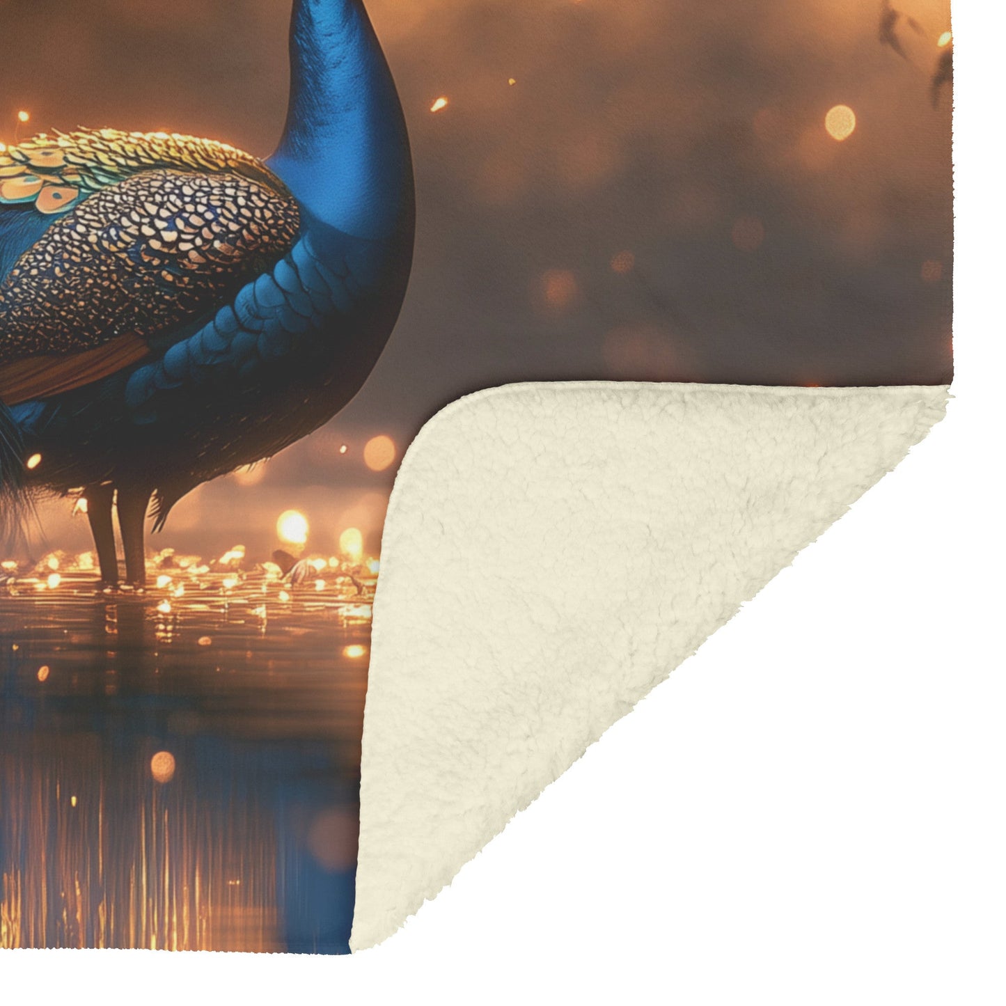 Peacock with Glowing Iridescent Feathers by Crystal Pond Reflecting Under Twilight Sky Fleece Sherpa Blanket - Awakening Righteousness