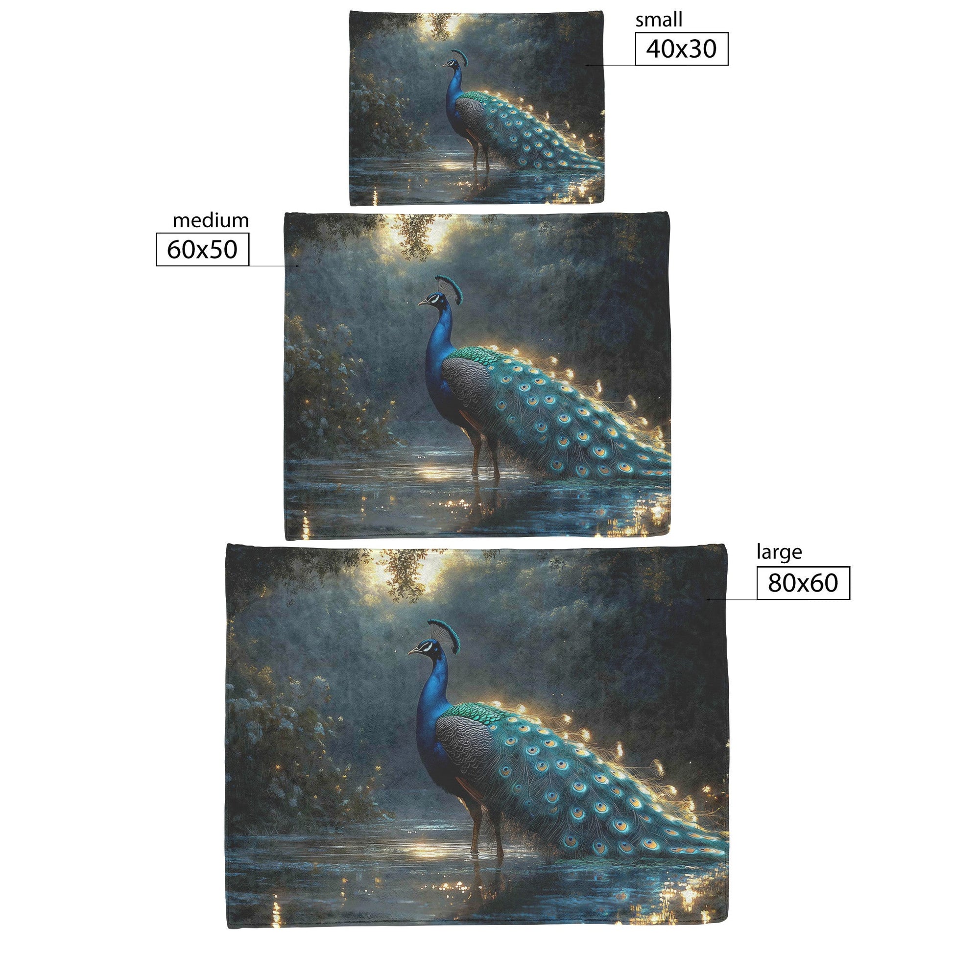 Peacock with Glowing Iridescent Feathers by Crystal Pond Reflecting Under Twilight Sky Fleece Sherpa Blanket - Awakening Righteousness