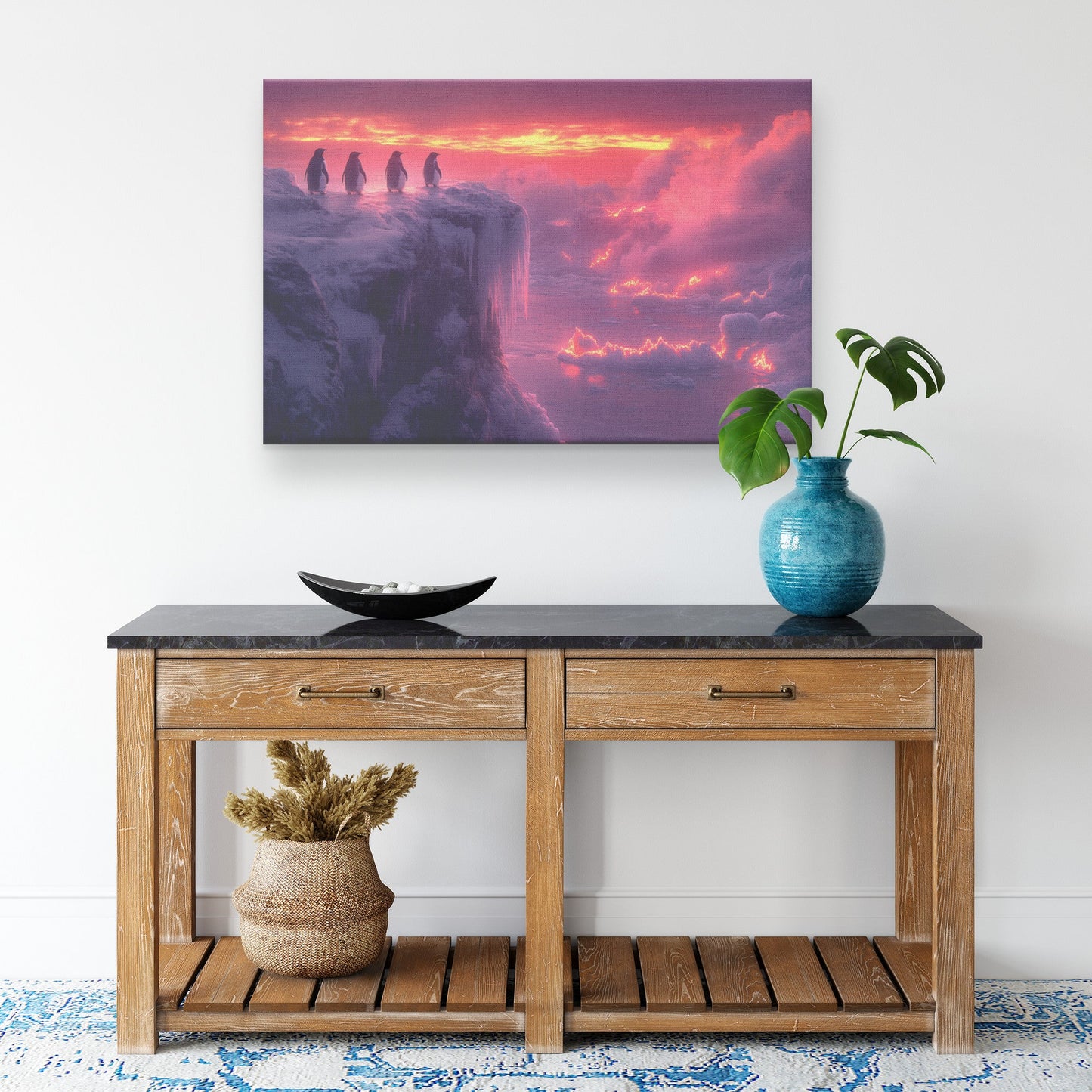 Penguin Colony on Arctic Cliff Glowing Crystal Ice Rich Natural Scenery Canvas Wall Art Decor - Awakening Righteousness
