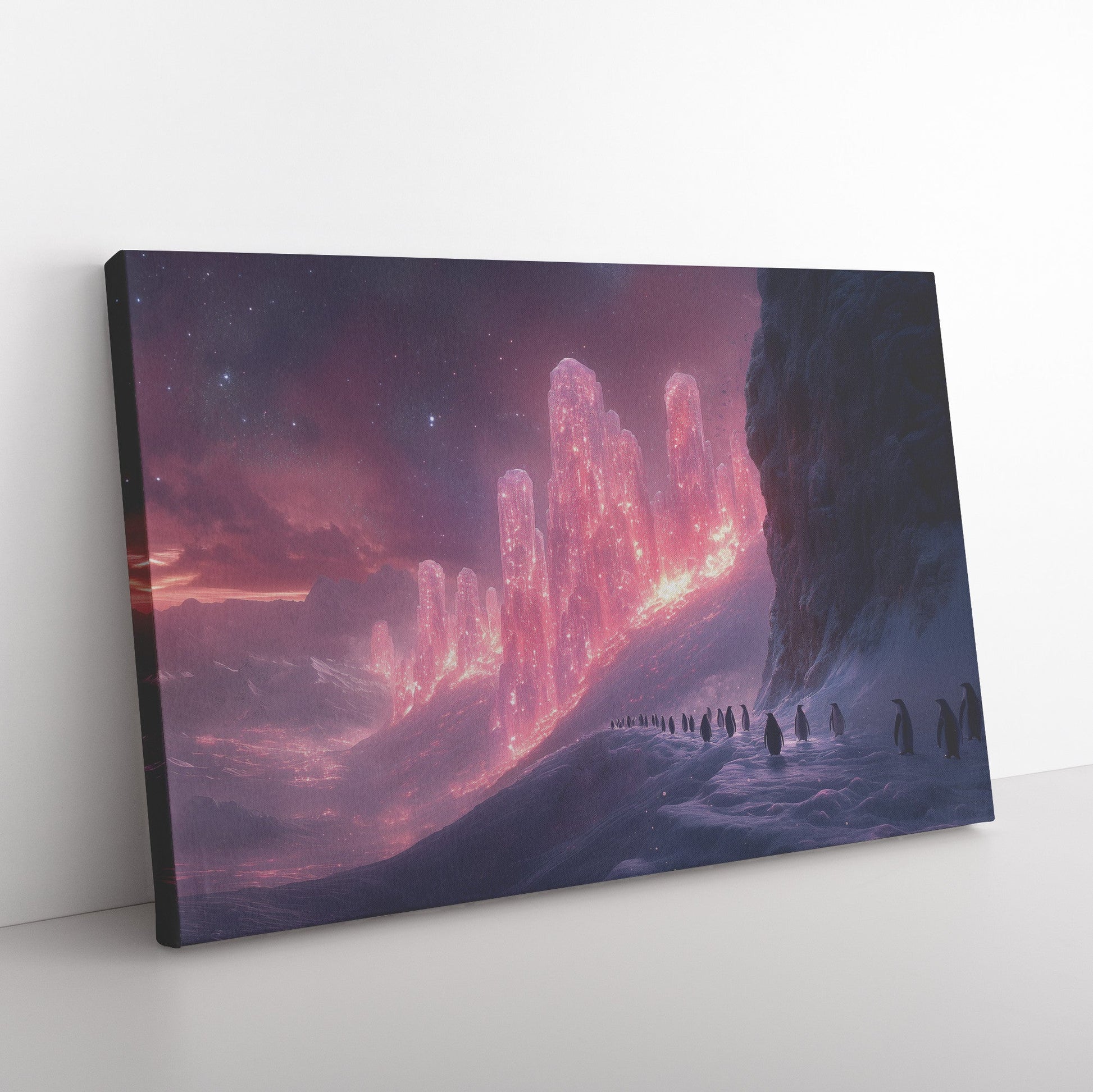 Penguin Colony on Arctic Cliff Glowing Crystal Ice Rich Natural Scenery Canvas Wall Art for Nature Lovers - Awakening Righteousness