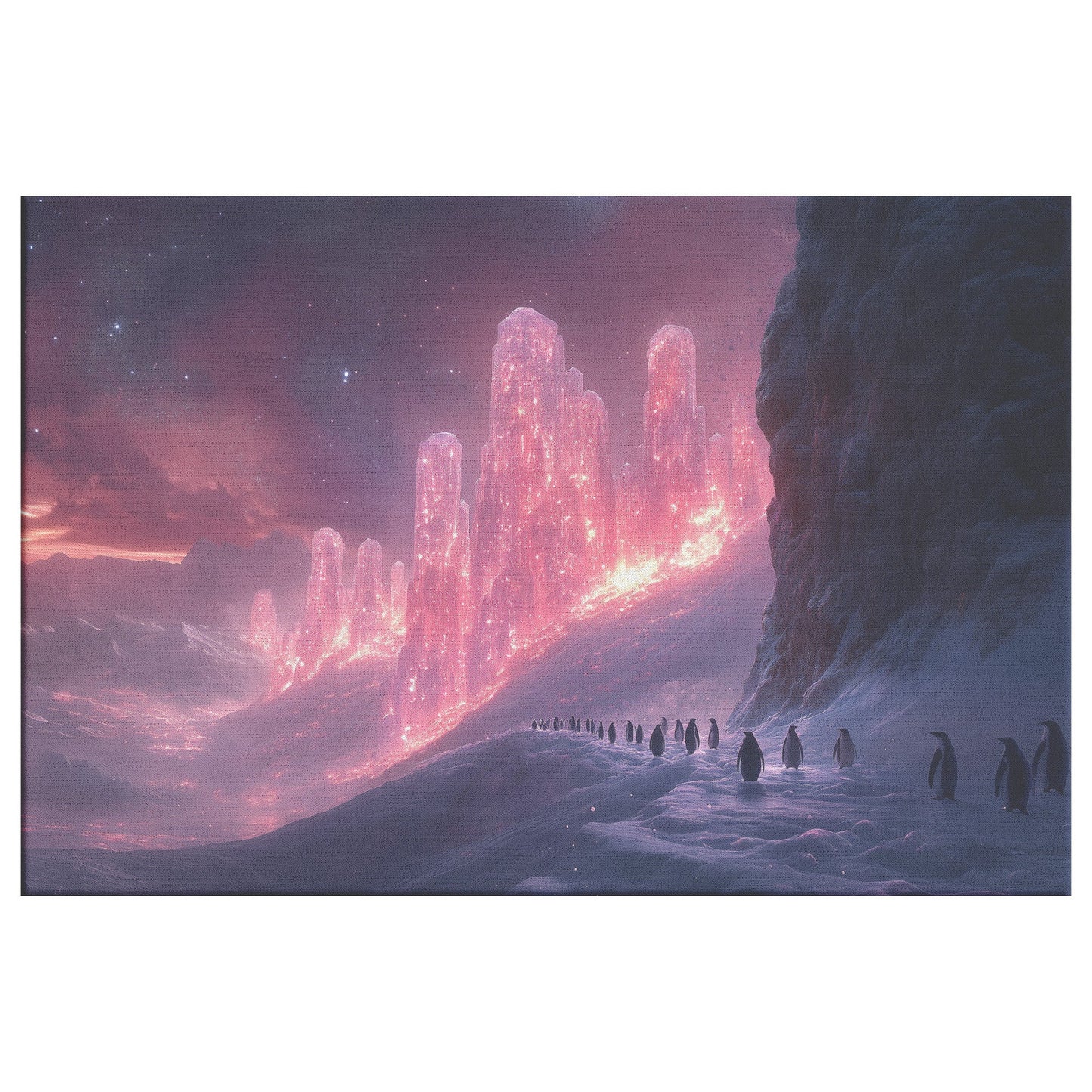 Penguin Colony on Arctic Cliff Glowing Crystal Ice Rich Natural Scenery Canvas Wall Art for Nature Lovers - Awakening Righteousness