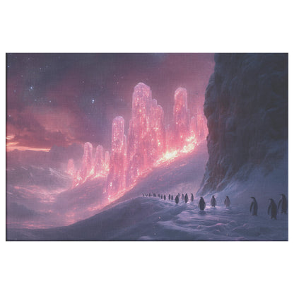 Penguin Colony on Arctic Cliff Glowing Crystal Ice Rich Natural Scenery Canvas Wall Art for Nature Lovers - Awakening Righteousness