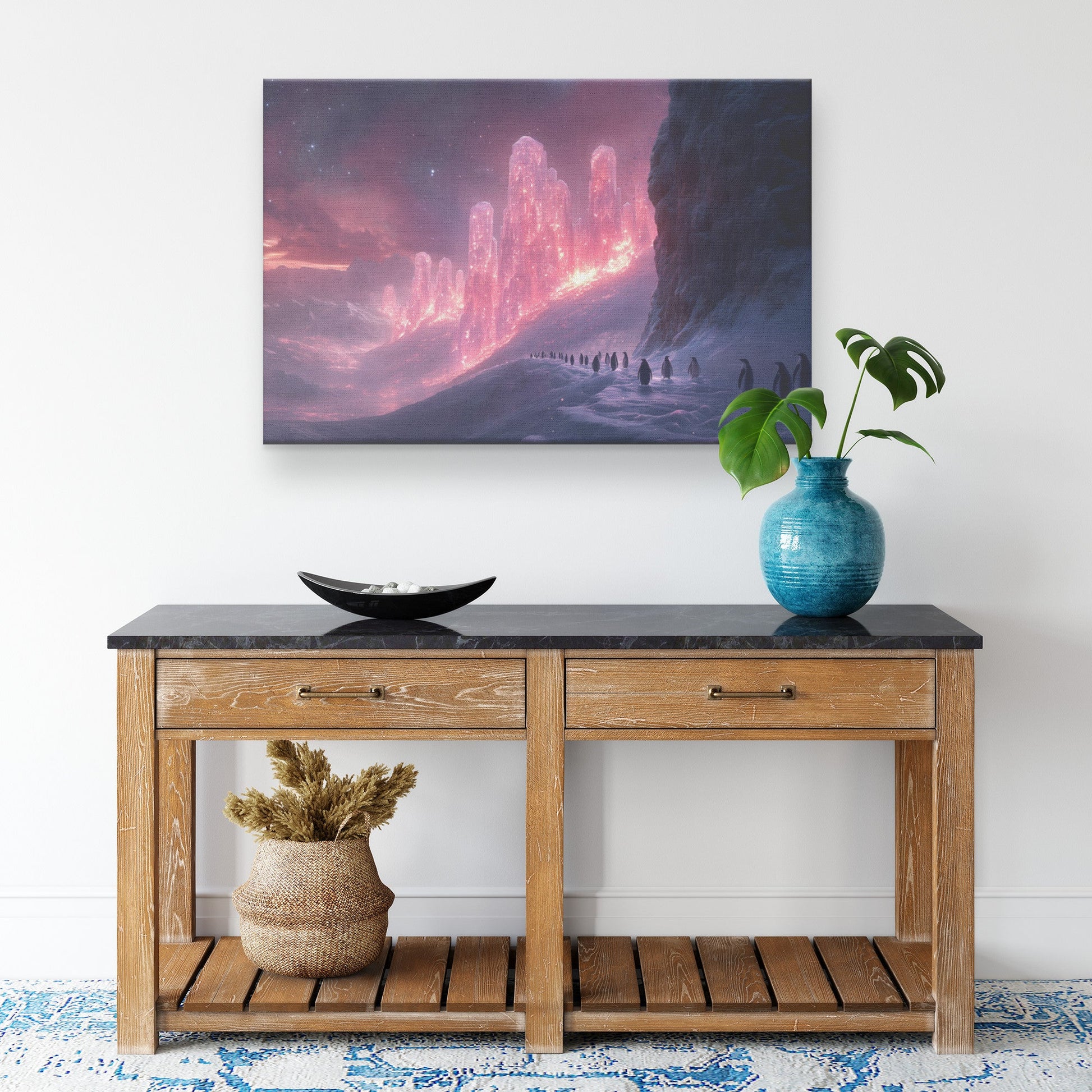 Penguin Colony on Arctic Cliff Glowing Crystal Ice Rich Natural Scenery Canvas Wall Art for Nature Lovers - Awakening Righteousness