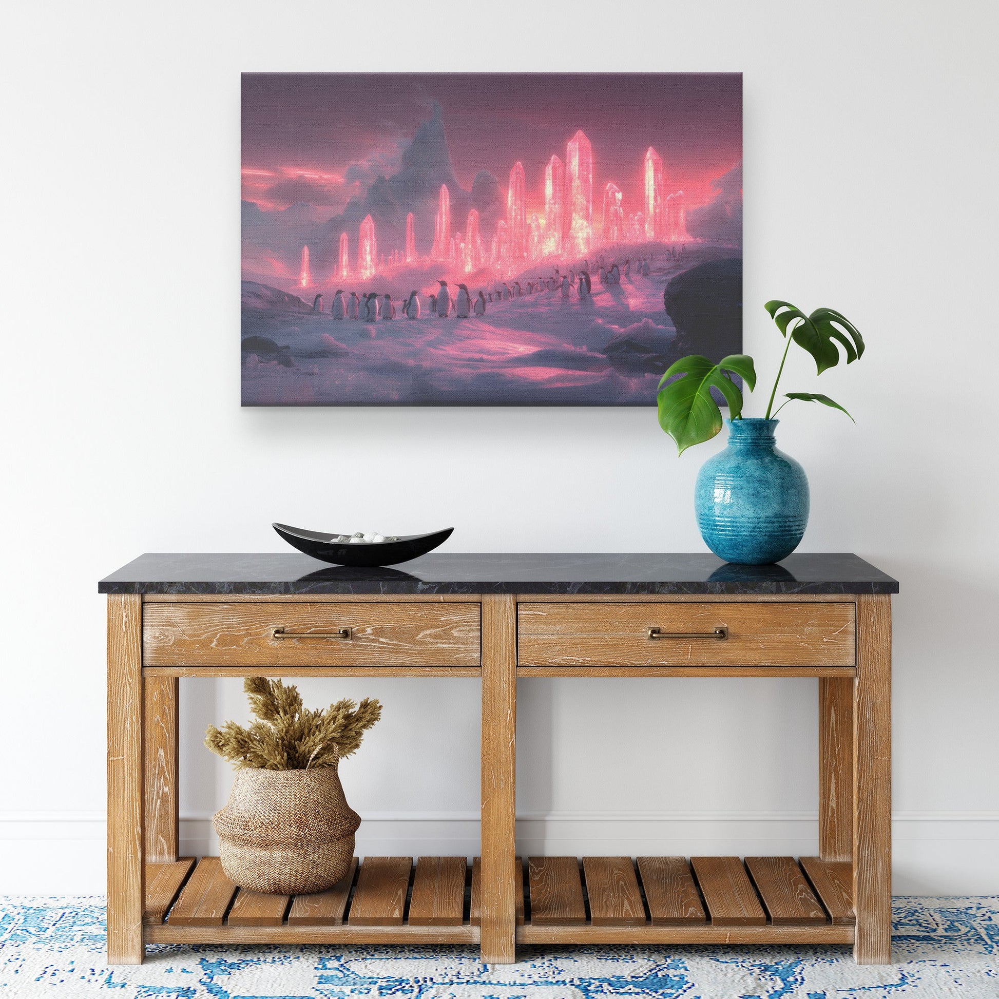 Penguin Colony on Arctic Cliff Glowing Crystal Ice Rich Natural Scenery Canvas Wall Art Wildlife Decor - Awakening Righteousness