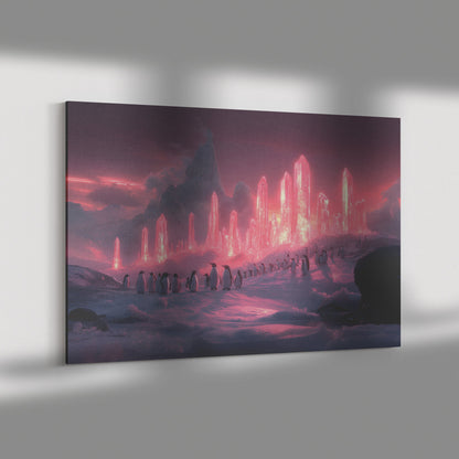 Penguin Colony on Arctic Cliff Glowing Crystal Ice Rich Natural Scenery Canvas Wall Art Wildlife Decor - Awakening Righteousness