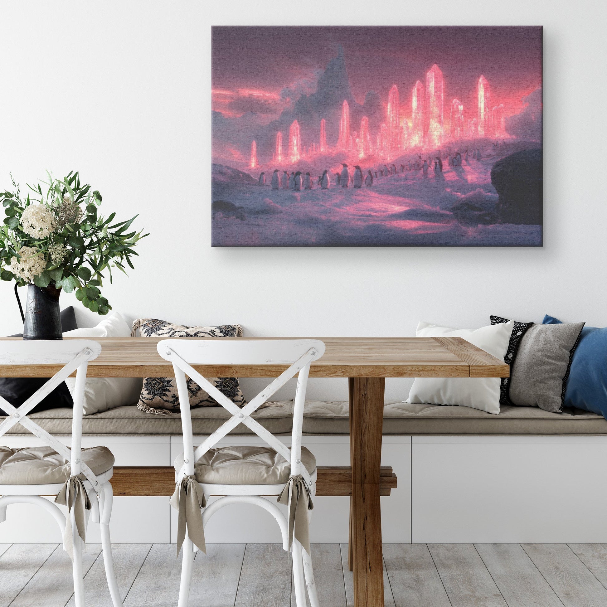 Penguin Colony on Arctic Cliff Glowing Crystal Ice Rich Natural Scenery Canvas Wall Art Wildlife Decor - Awakening Righteousness