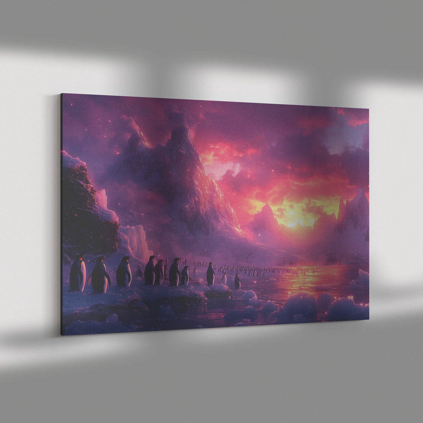 Penguin Colony on Arctic Cliff Surrounded by Glowing Crystal Ice Rich Natural Scenery Canvas Wall Art Decor - Awakening Righteousness