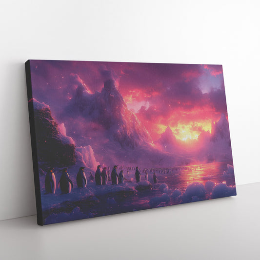 Penguin Colony on Arctic Cliff Surrounded by Glowing Crystal Ice Rich Natural Scenery Canvas Wall Art Decor - Awakening Righteousness