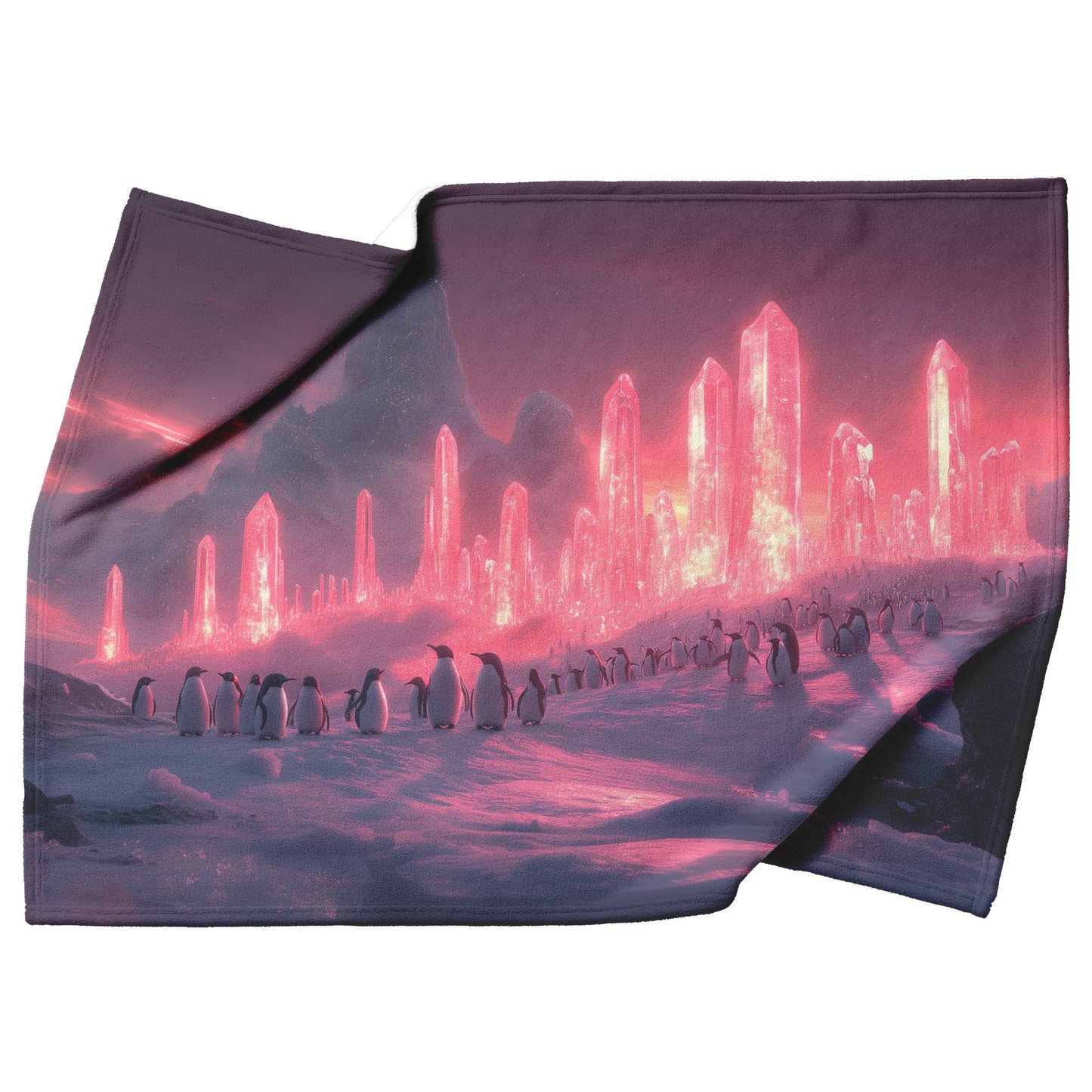 Penguin Colony on Arctic Cliff with Glowing Crystal Ice Formations and Rich Natural Scenery Fleece Sherpa Blanket - Awakening Righteousness