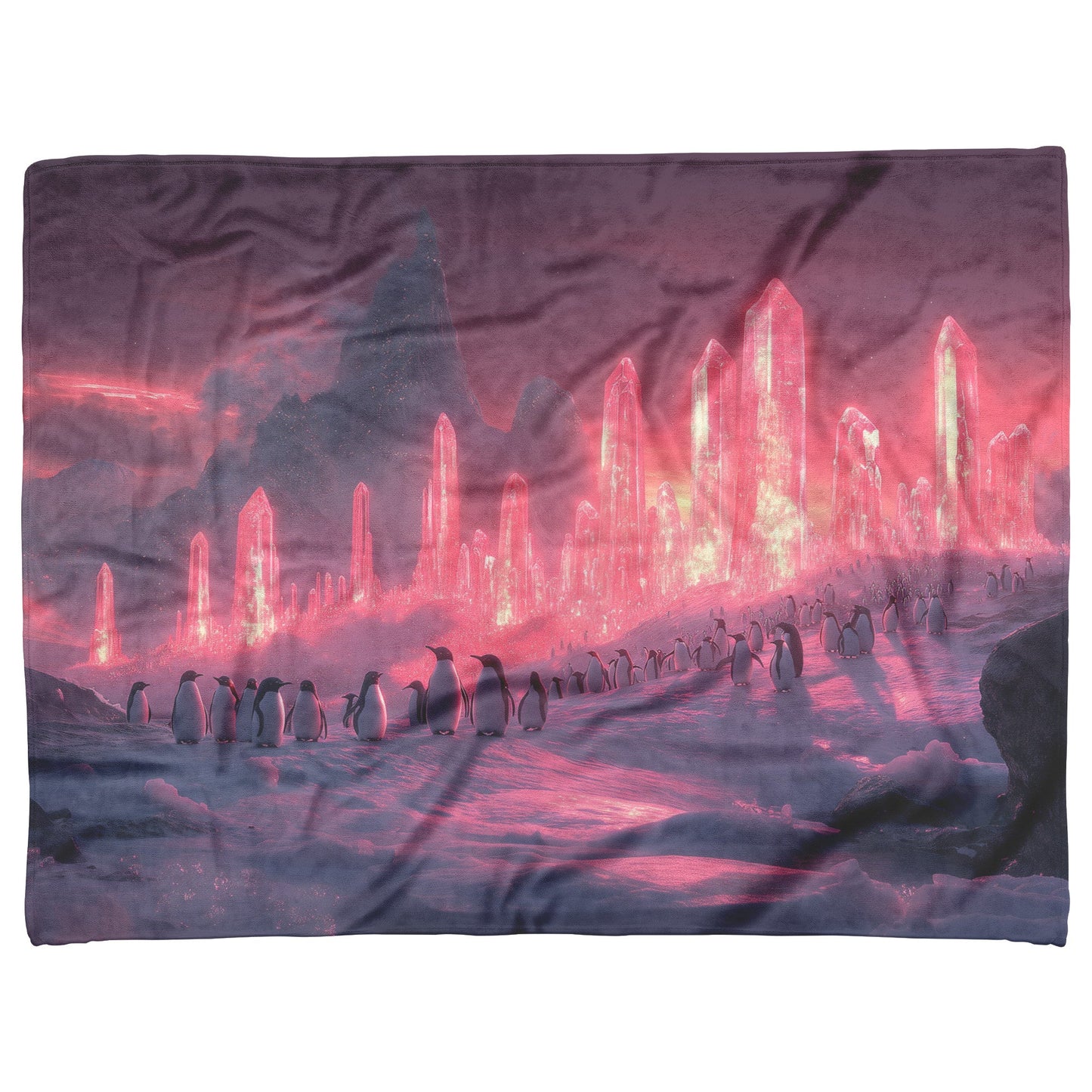 Penguin Colony on Arctic Cliff with Glowing Crystal Ice Formations and Rich Natural Scenery Fleece Sherpa Blanket - Awakening Righteousness