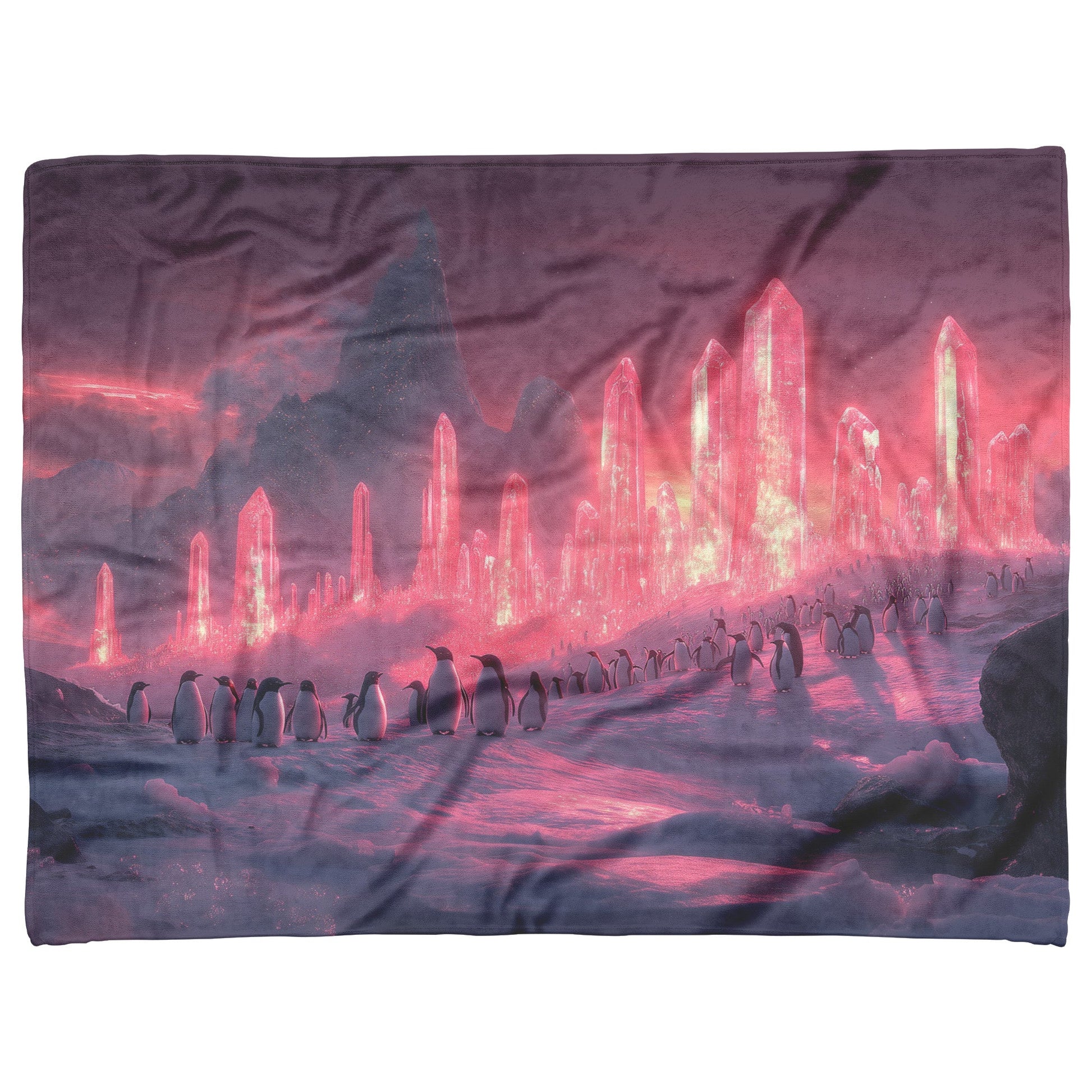 Penguin Colony on Arctic Cliff with Glowing Crystal Ice Formations and Rich Natural Scenery Fleece Sherpa Blanket - Awakening Righteousness