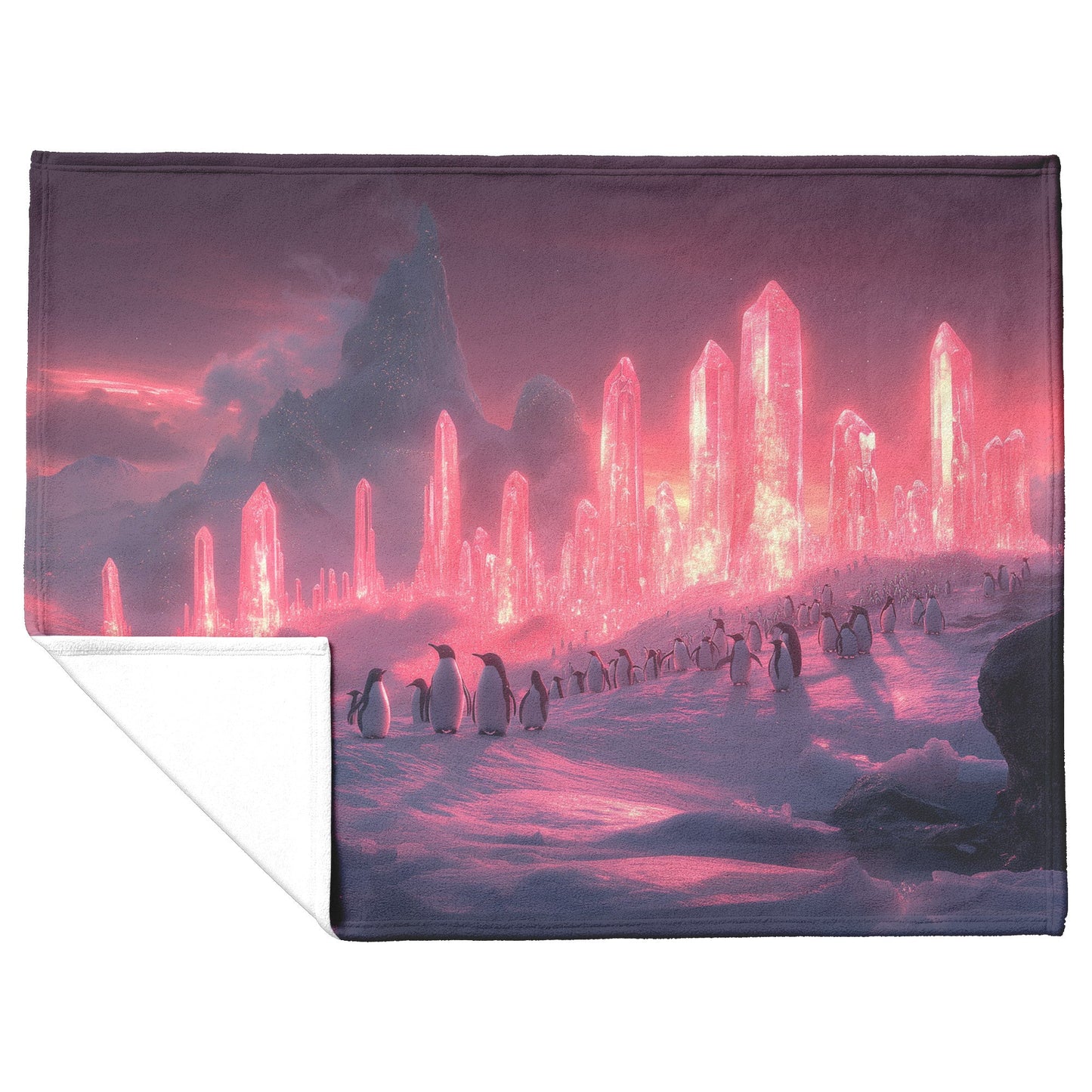 Penguin Colony on Arctic Cliff with Glowing Crystal Ice Formations and Rich Natural Scenery Fleece Sherpa Blanket - Awakening Righteousness