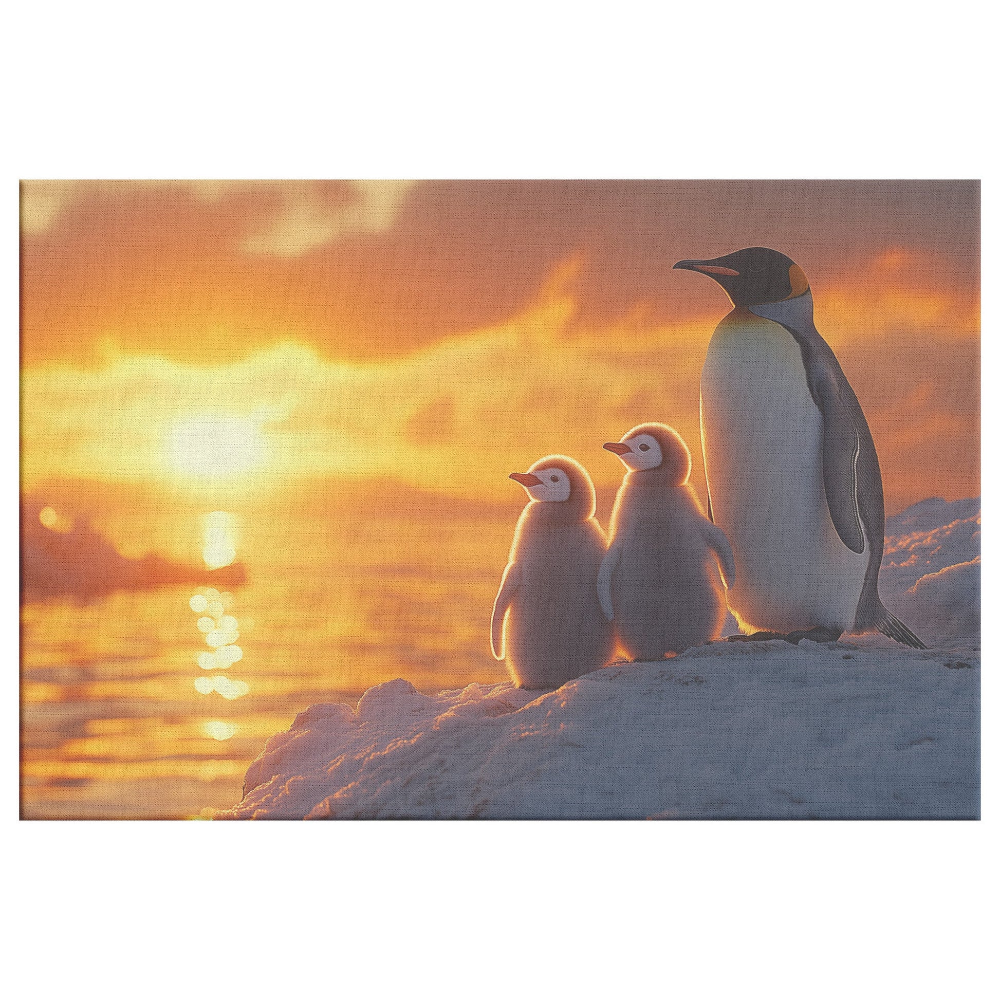 Penguin Family on Snowy Ledge Overlooking Glowing Orange Sunset Peaceful Serene Canvas Wall Art Decor - Awakening Righteousness